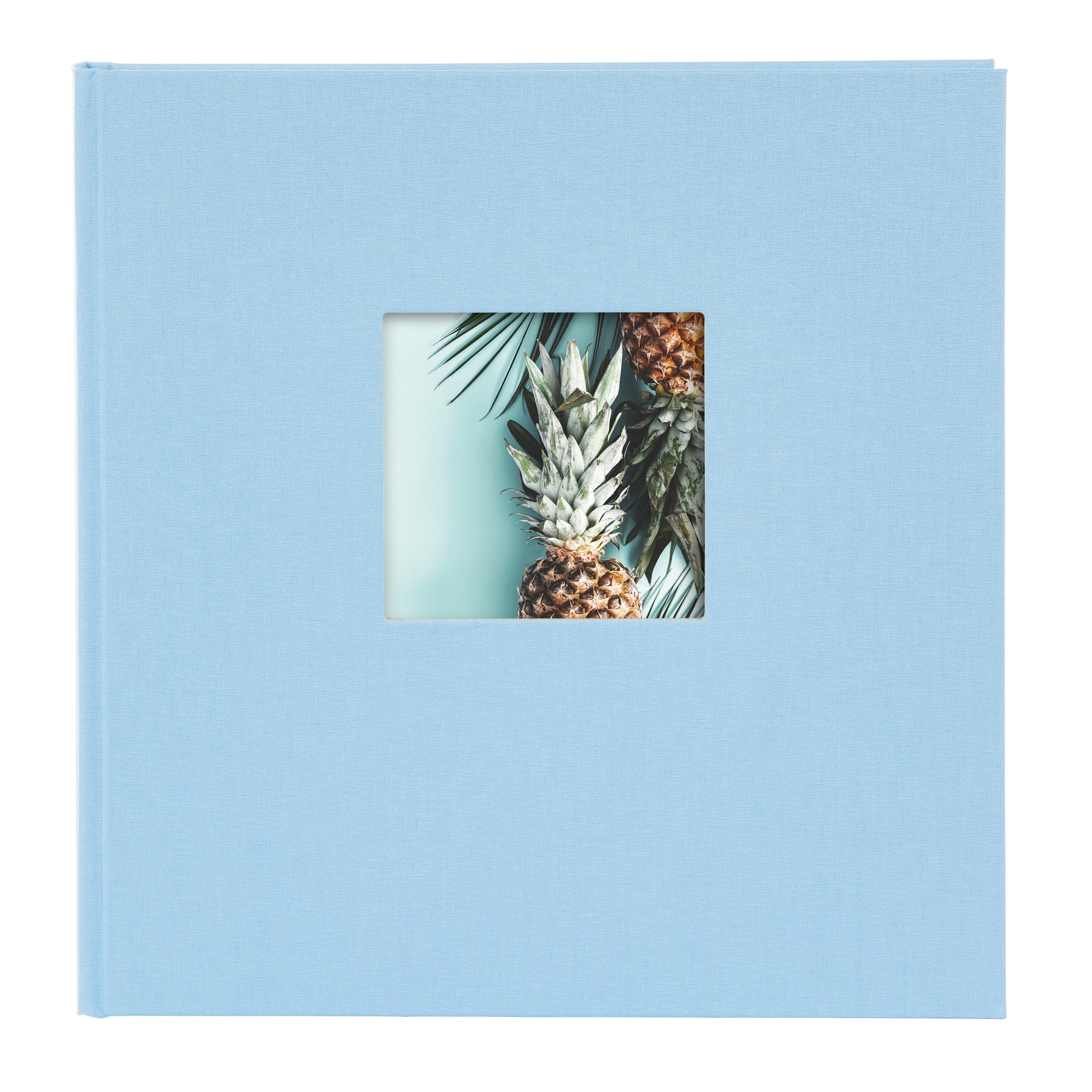 An elegant sky blue Goldbuch photo album with black pages, with a pineapple on its cover