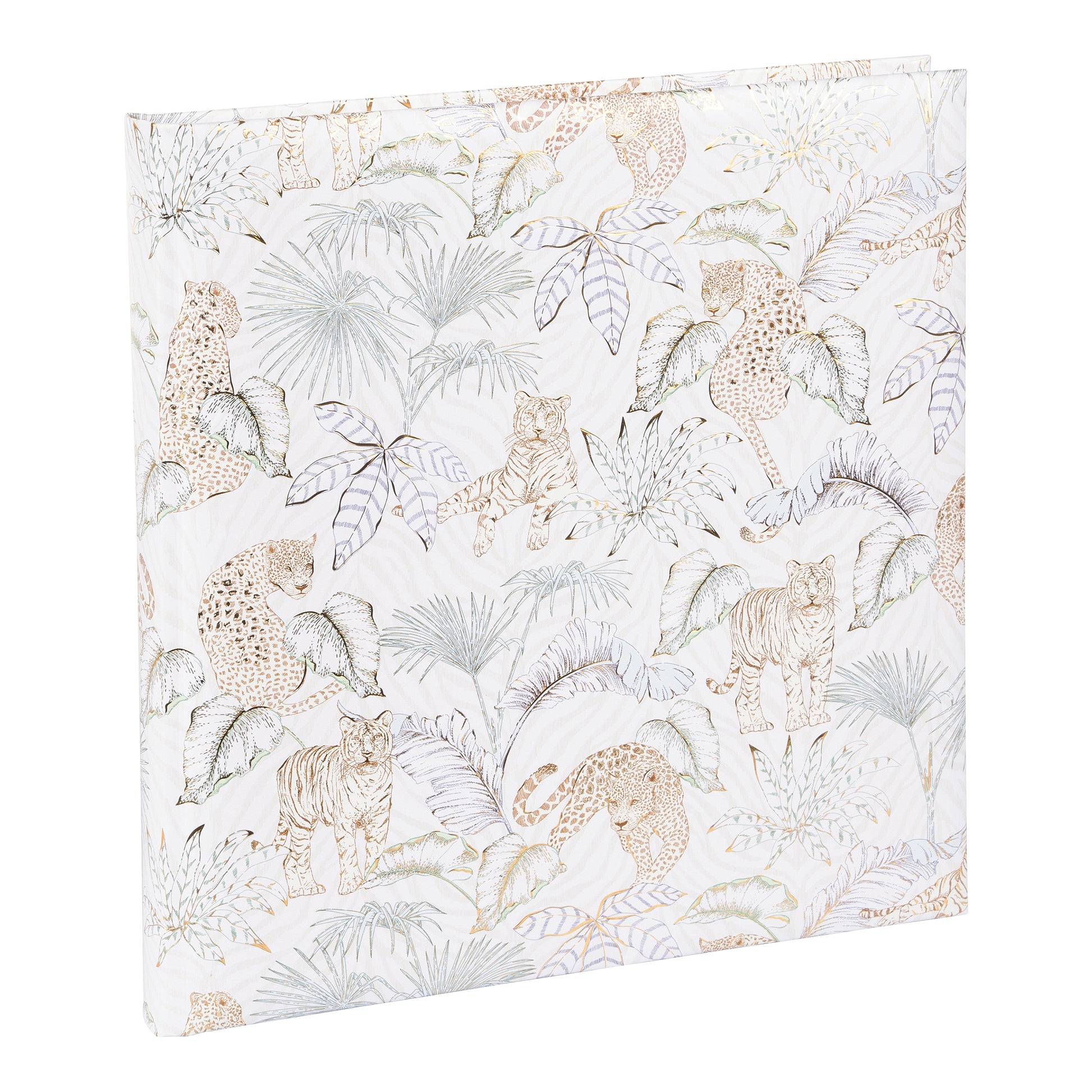A white and beige patterned Goldbuch photo album featuring animals and plants.