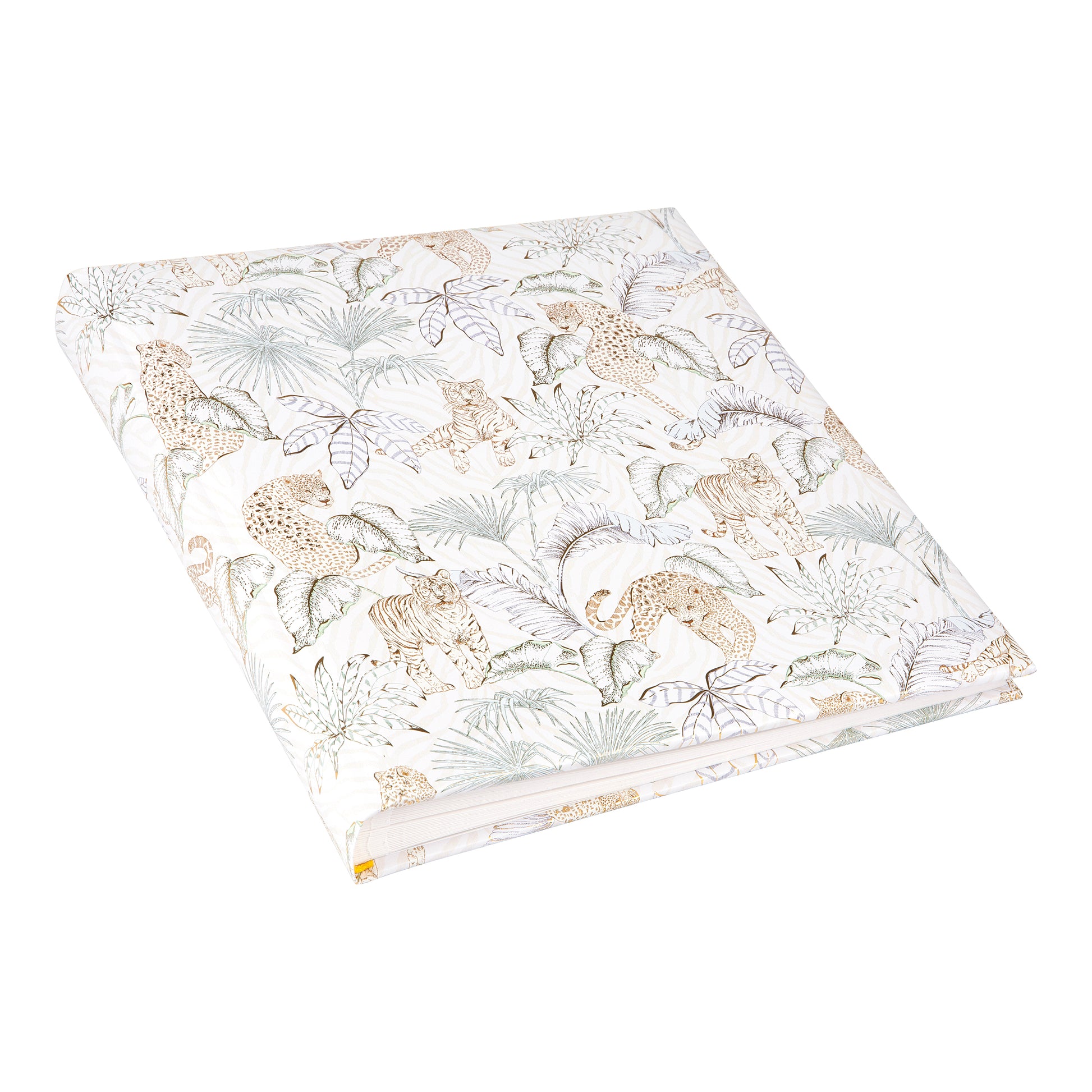 A white and beige patterned Goldbuch photo album featuring animals and plants.