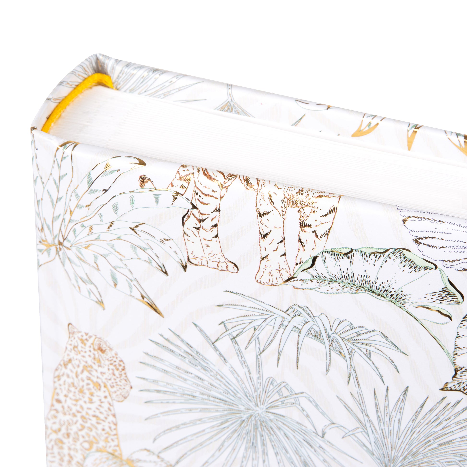 A white and beige patterned Goldbuch photo album featuring animals and plants.