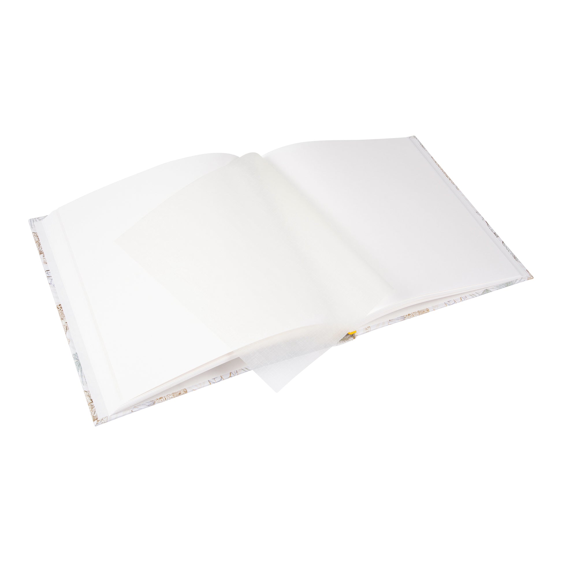 A white and beige patterned Goldbuch photo album featuring animals and plants.