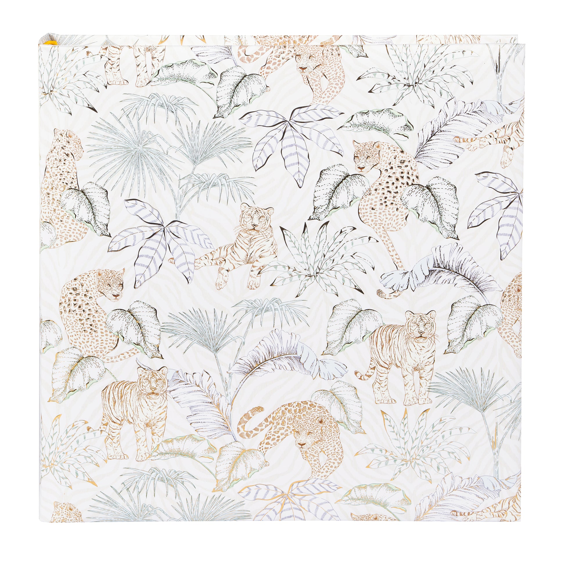 A white and beige patterned Goldbuch photo album featuring animals and plants.