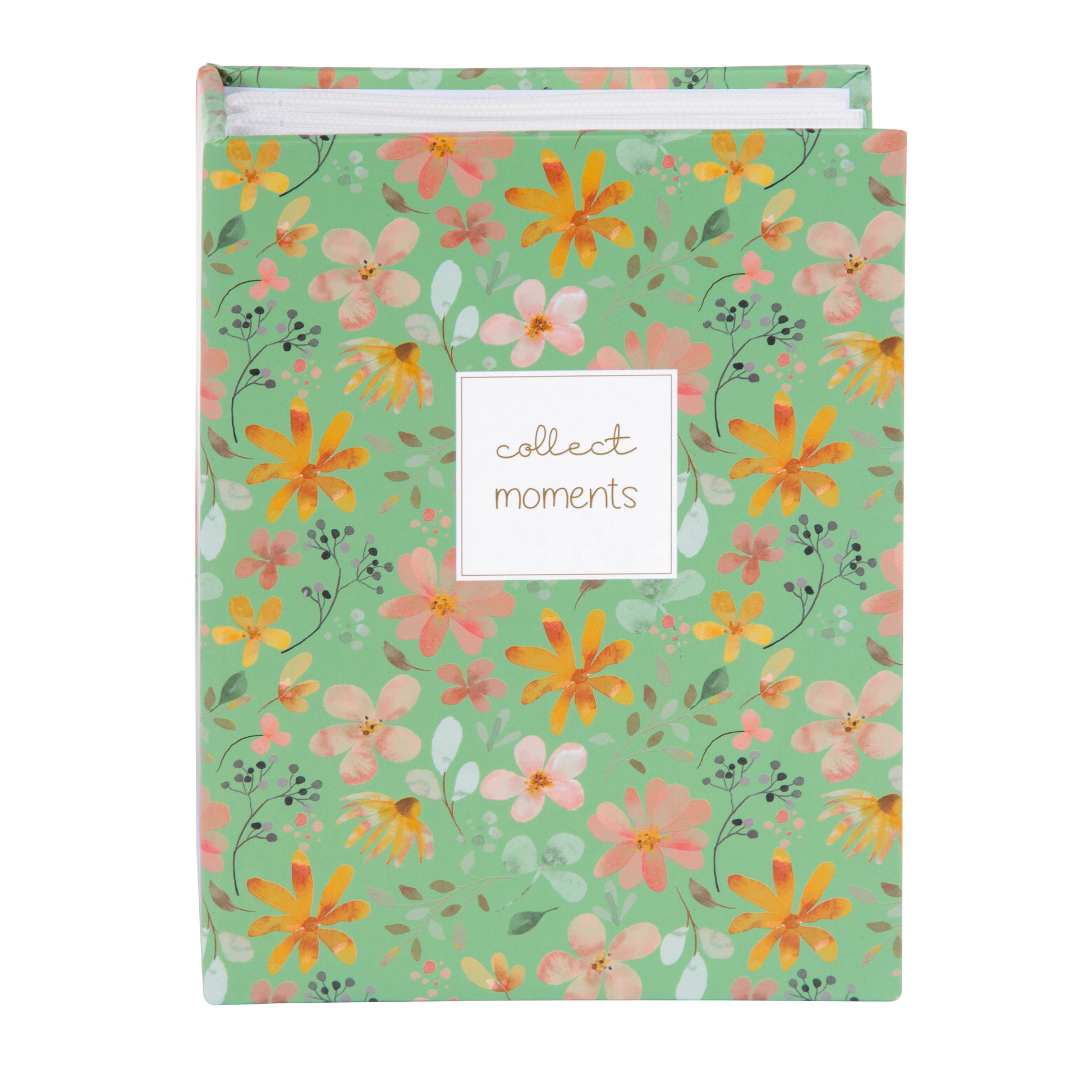 A Goldbuch photo albums with floral patterns and a decorative note card with collect moments text.