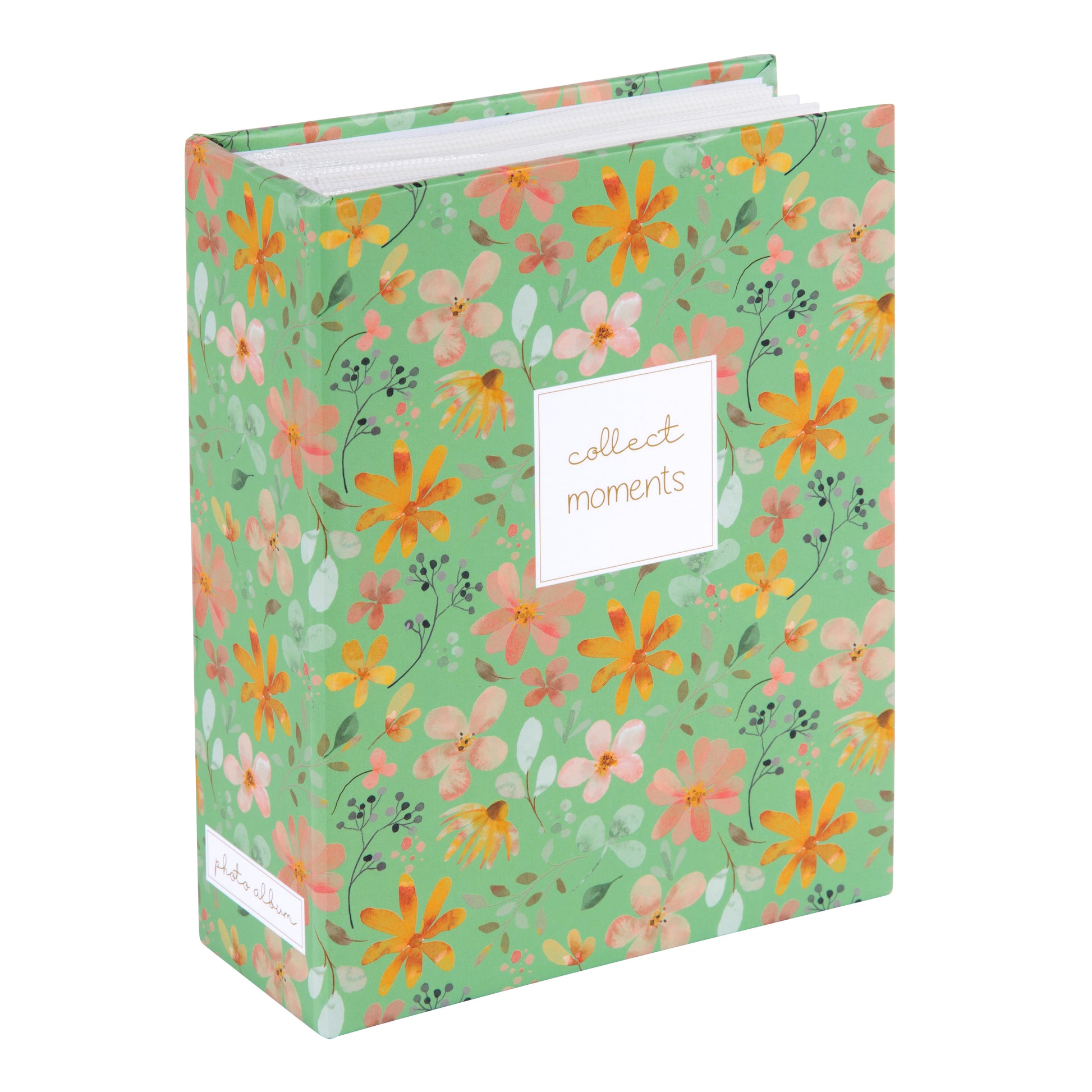 A Goldbuch photo albums with floral patterns and a decorative note card with collect moments text.