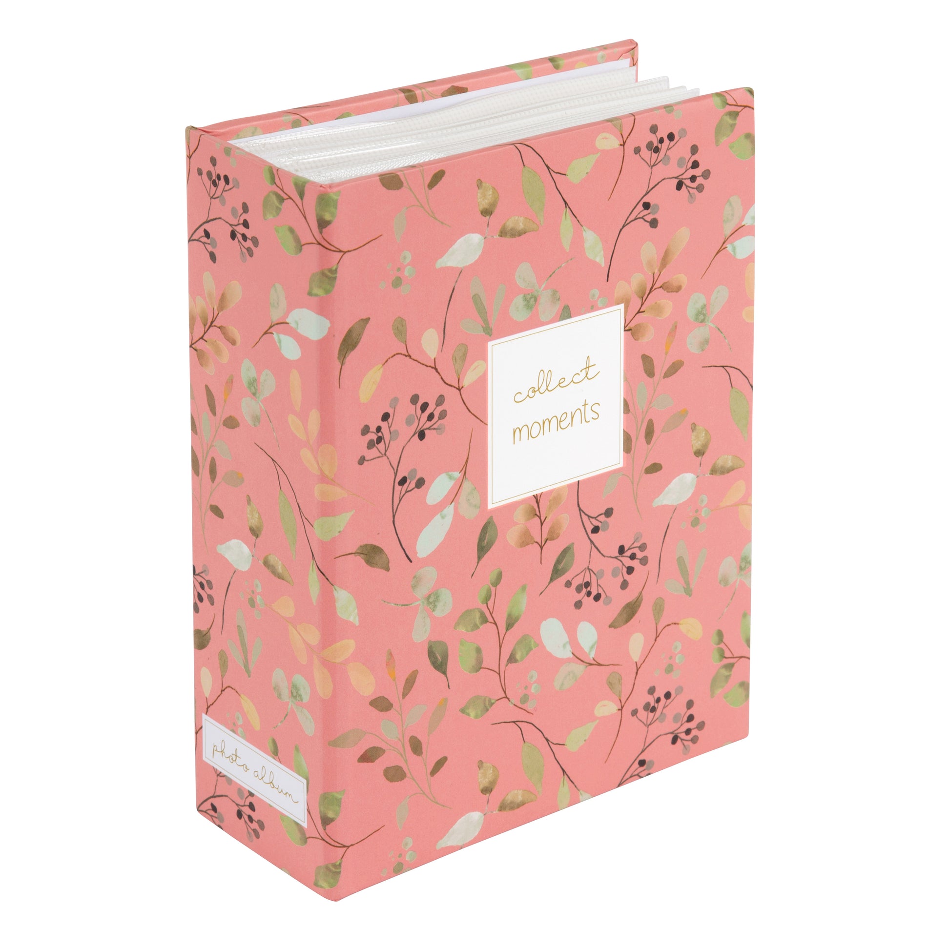 A Goldbuch photo albums with floral patterns and a decorative note card with collect moments text.