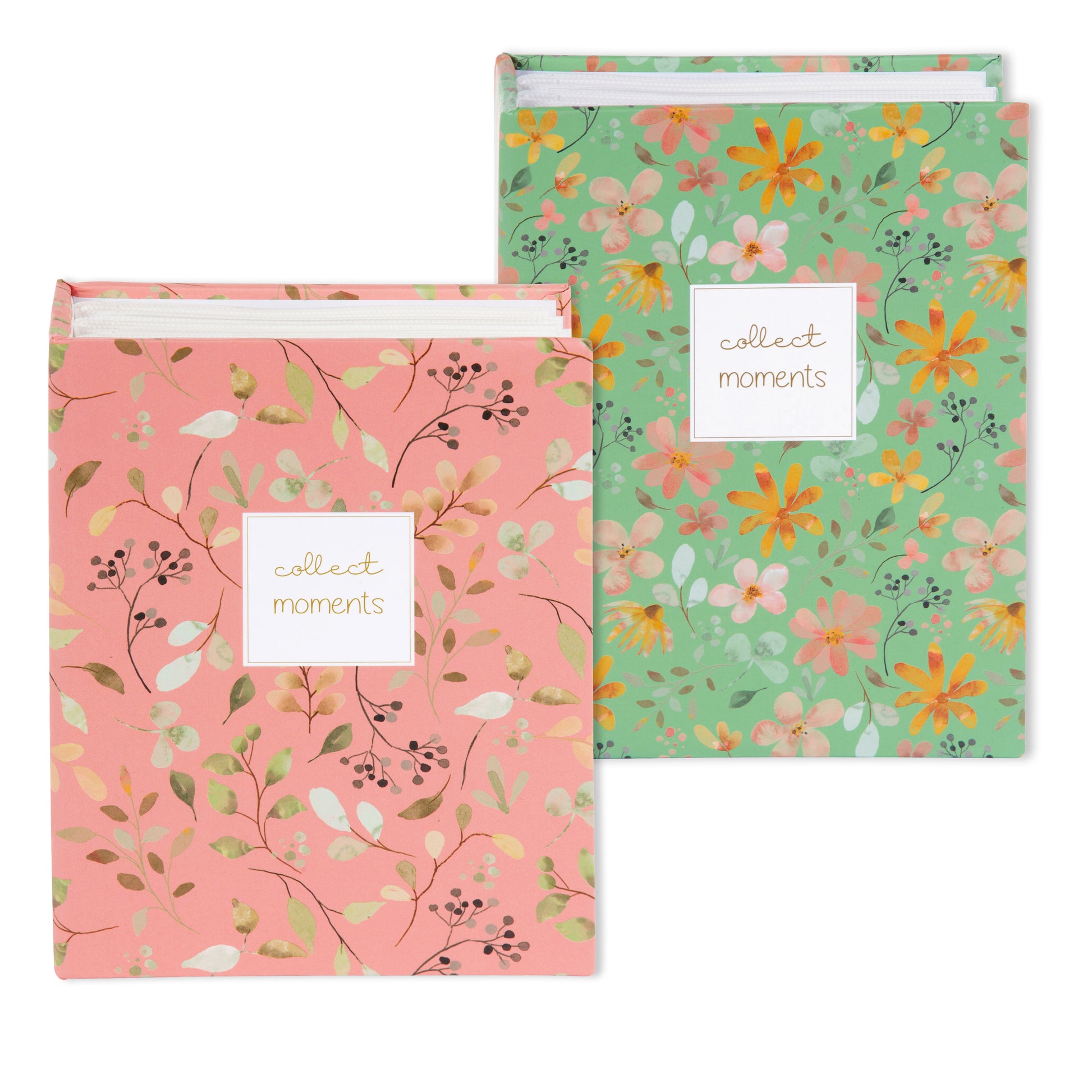 A Goldbuch photo albums with floral patterns and a decorative note card with collect moments text.