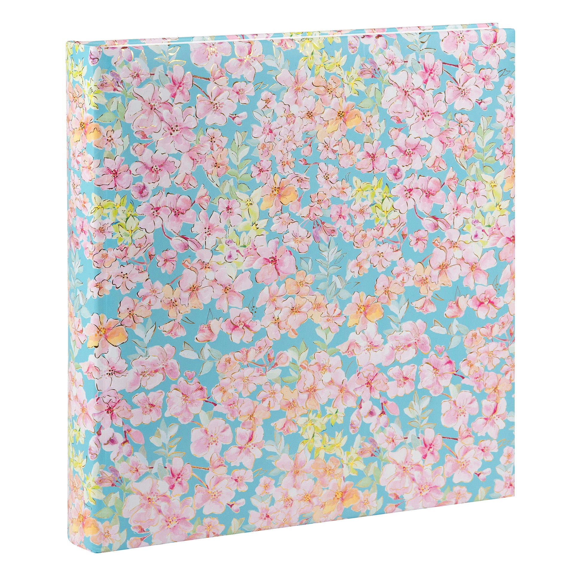 Goldbuch photo album with a blue floral pattern adorned with pink flowers, ideal for preserving memories.