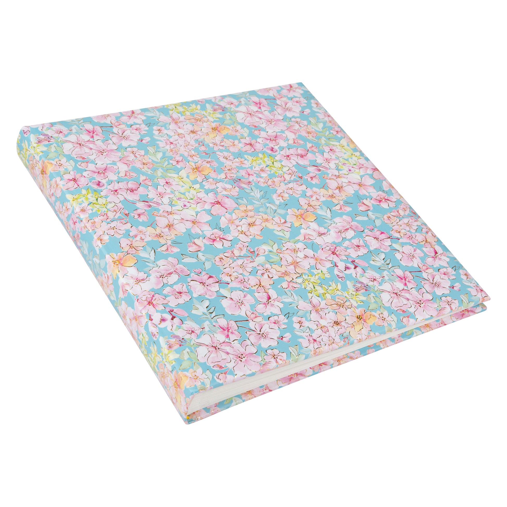 Goldbuch photo album with a blue floral pattern adorned with pink flowers, ideal for preserving memories.