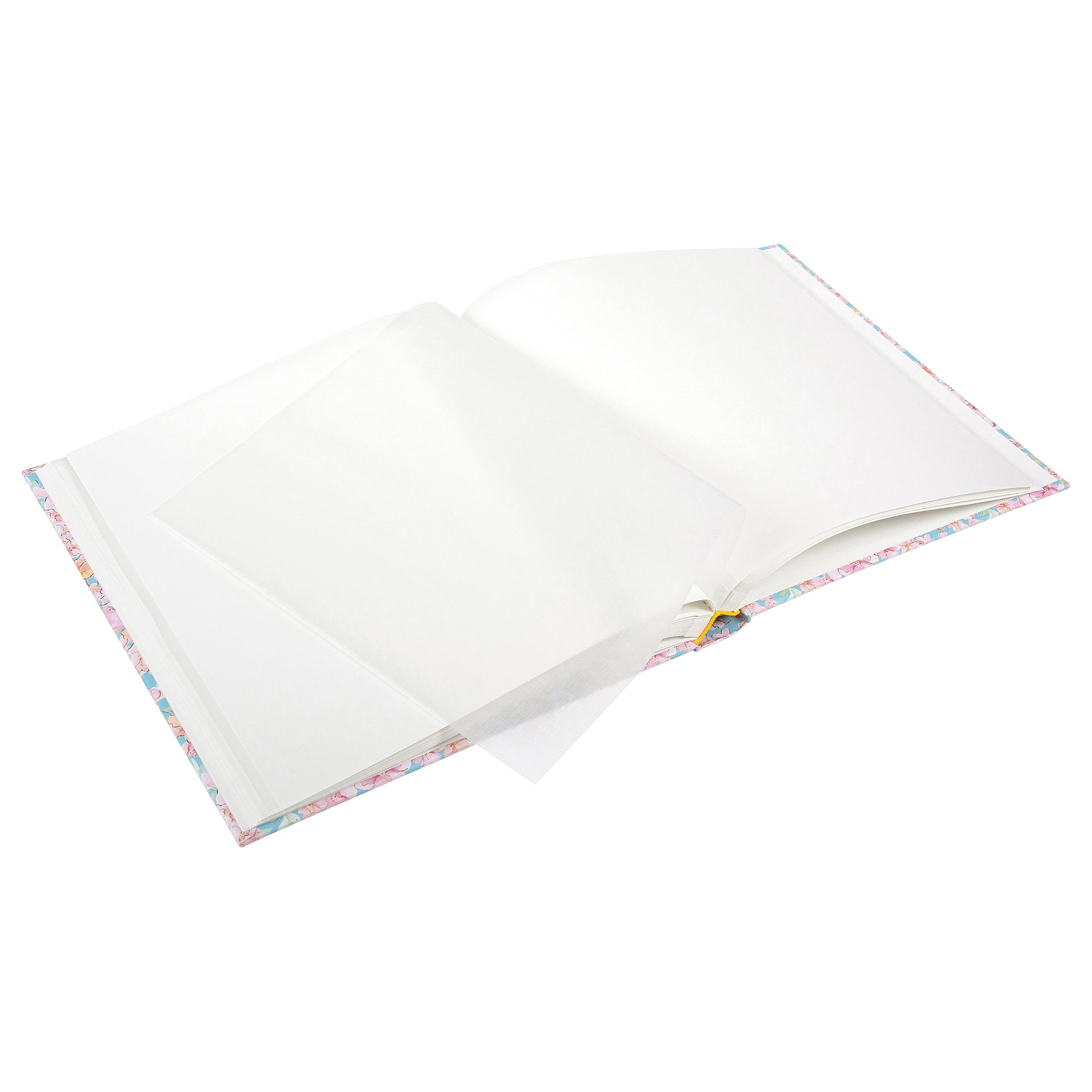Goldbuch photo album with a blue floral pattern adorned with pink flowers, ideal for preserving memories. Internal white pages.