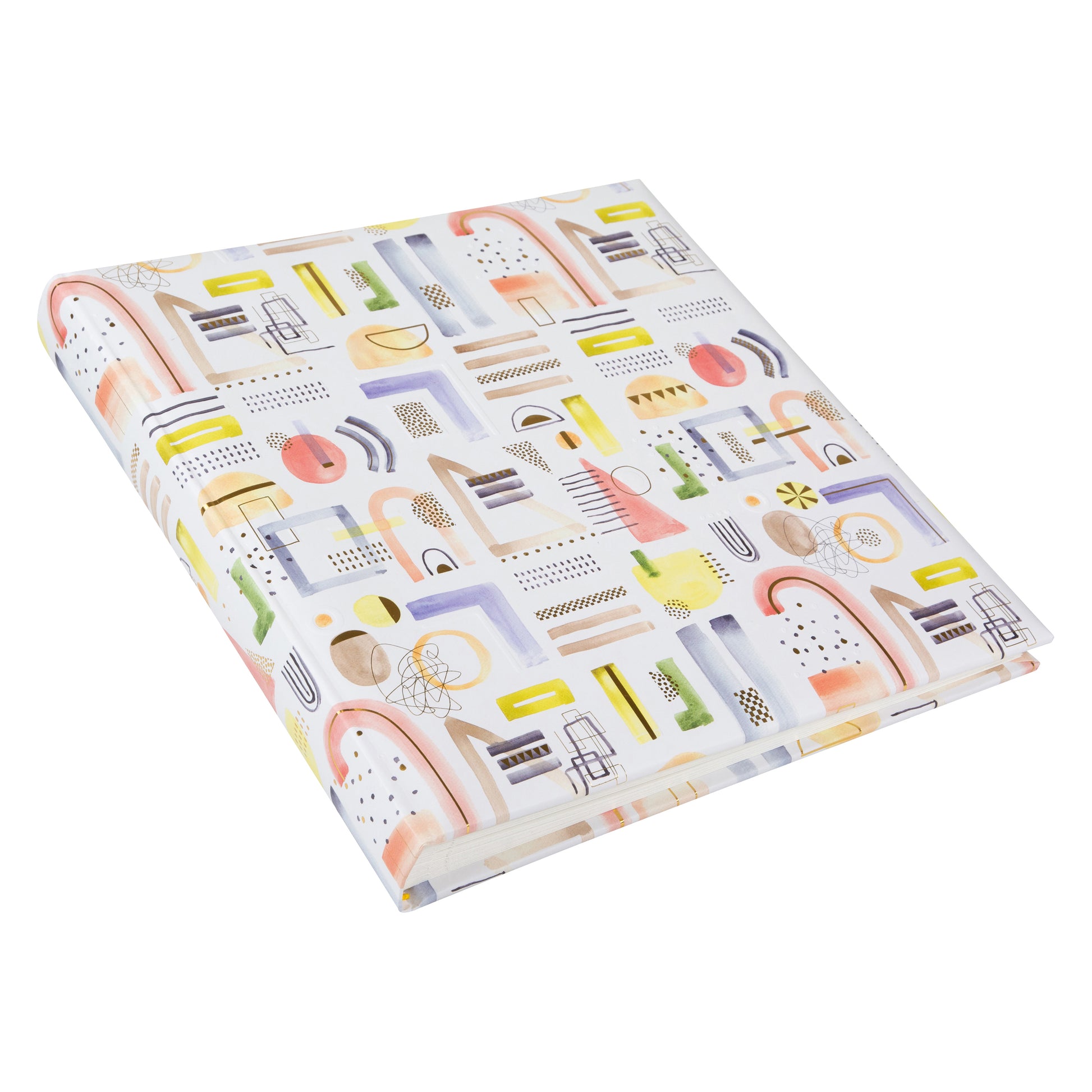 A Goldbuch photo album, white with vibrant geometric patterns, ideal for organizing and displaying photos.