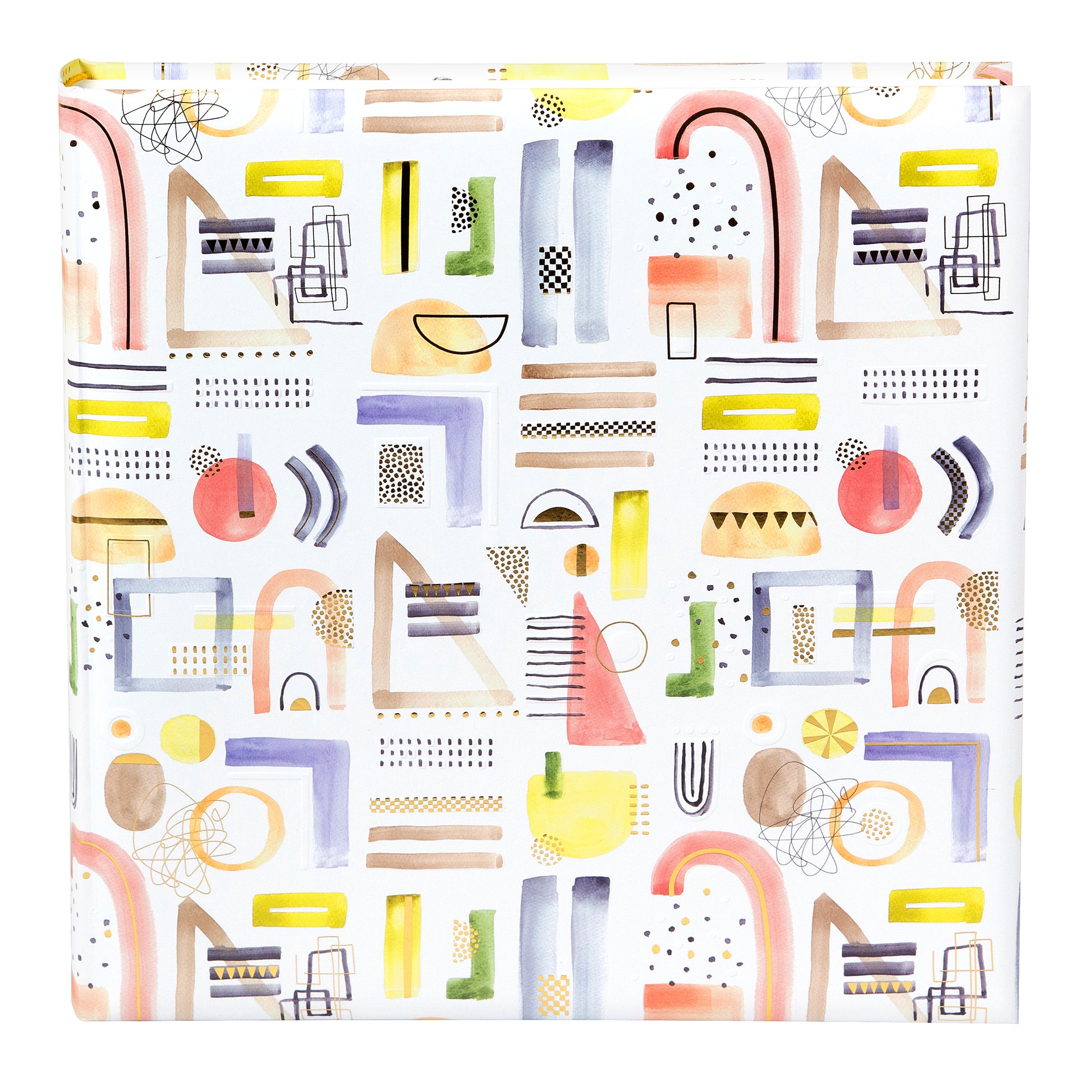 A Goldbuch photo album, white with vibrant geometric patterns, ideal for organizing and displaying photos.