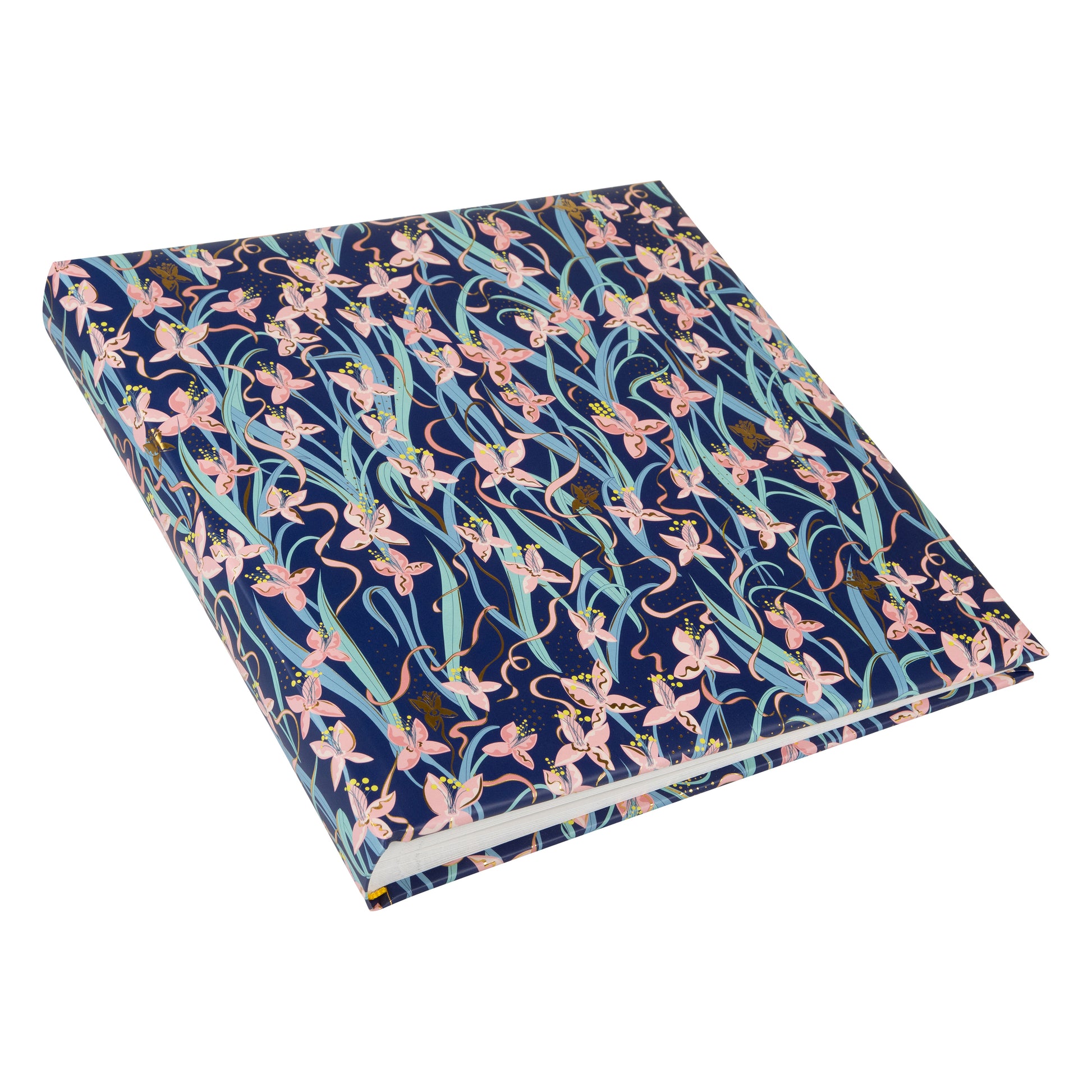 Floral-patterned Goldbuch photo album with pink flowers and gold accents on a blue background