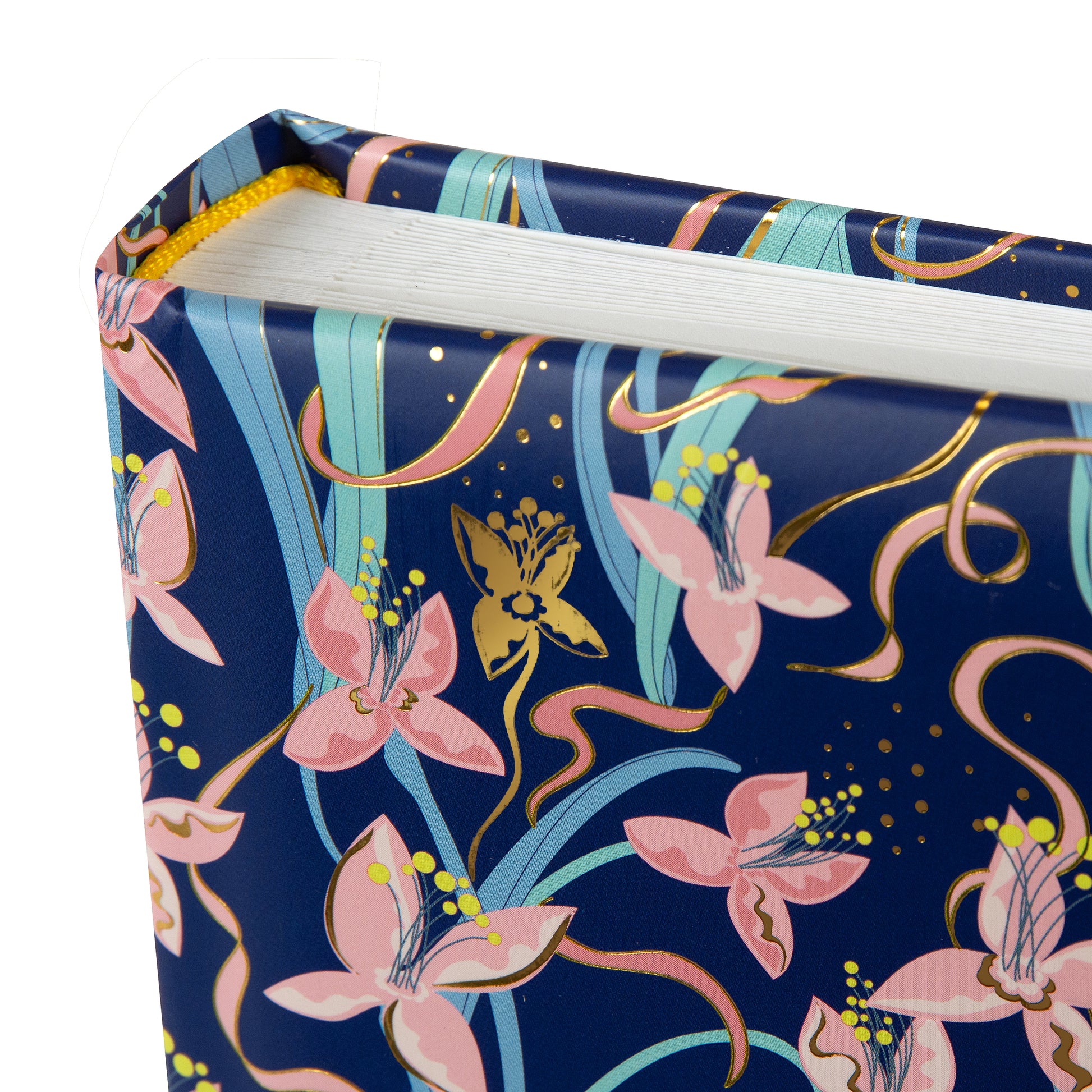 Floral-patterned Goldbuch photo album with pink flowers and gold accents on a blue background