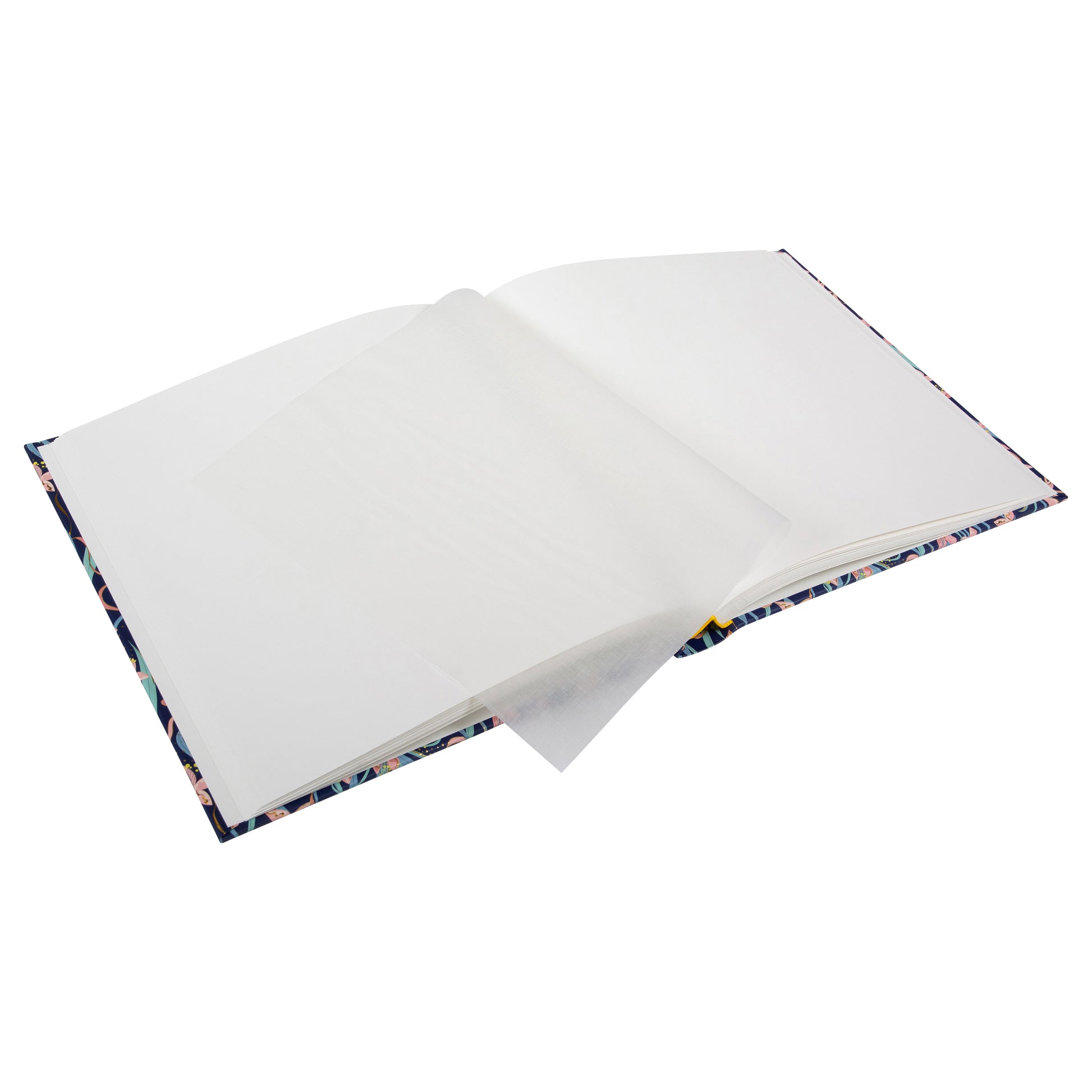 Floral-patterned Goldbuch photo album with pink flowers and gold accents on a blue background