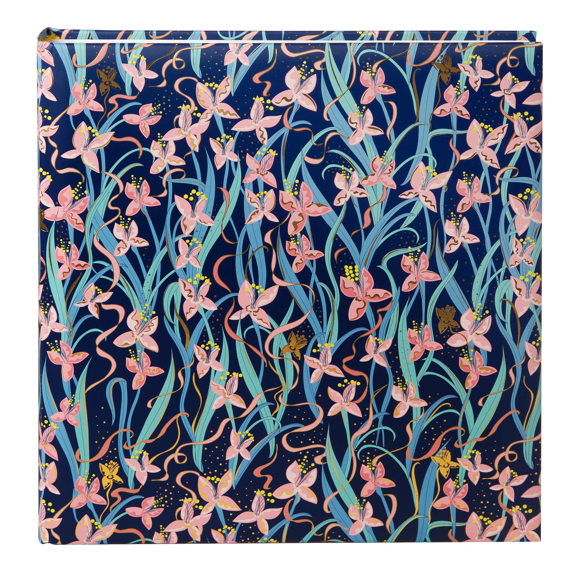 Floral-patterned Goldbuch photo album with pink flowers and gold accents on a blue background