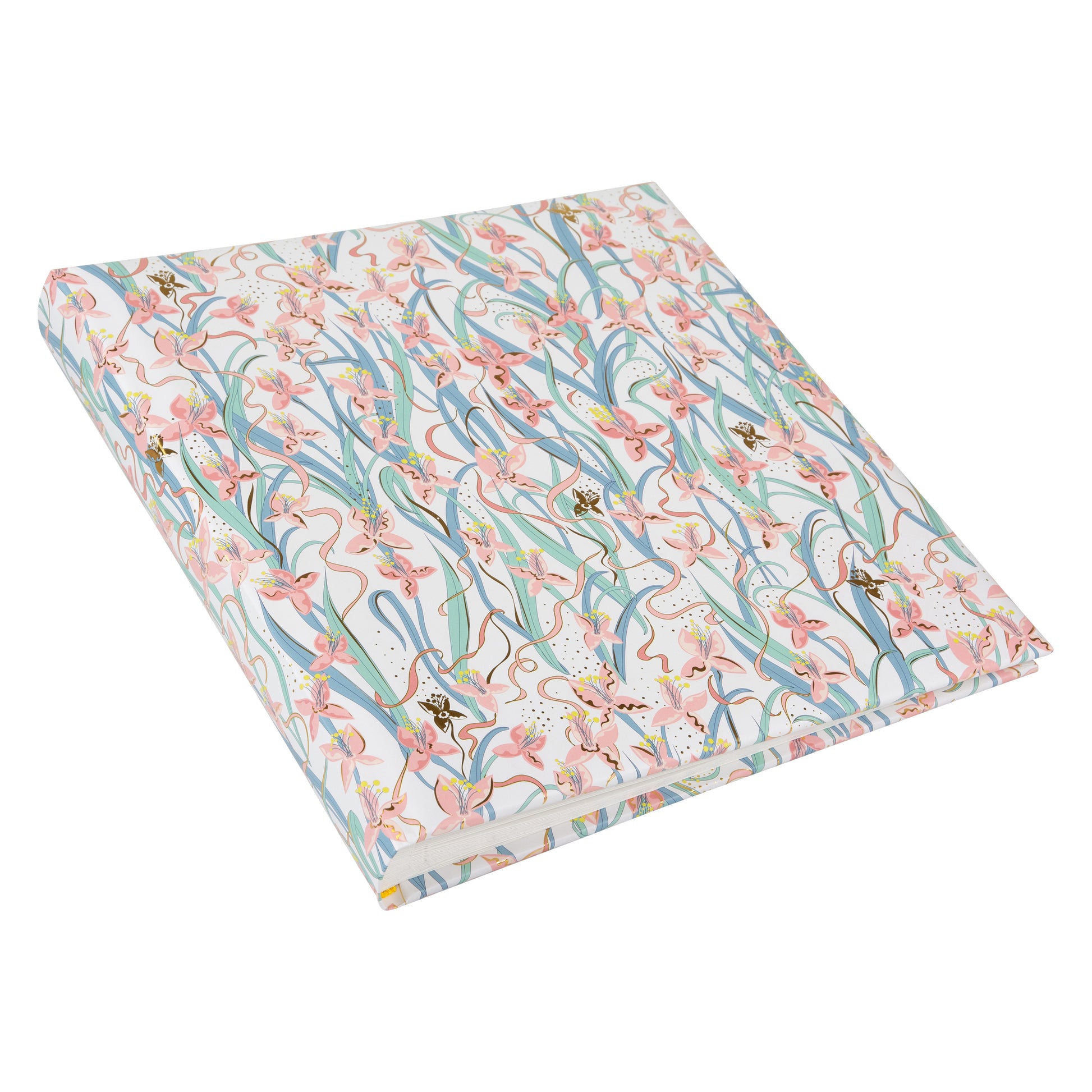 Floral-patterned Goldbuch photo album with pink flowers and gold accents on a white background