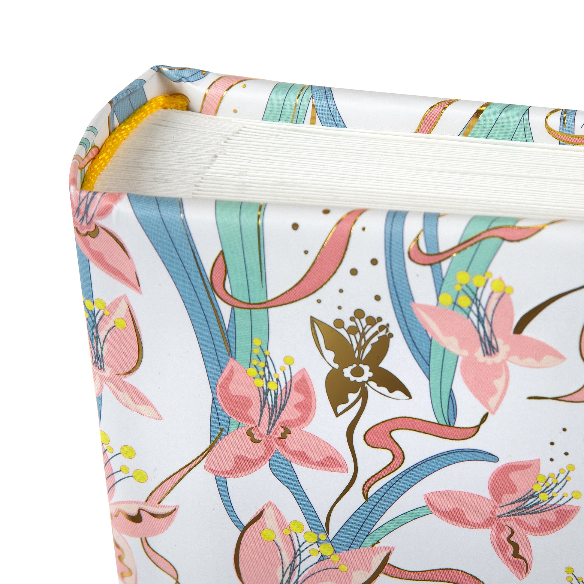 Floral-patterned Goldbuch photo album with pink flowers and gold accents on a white background