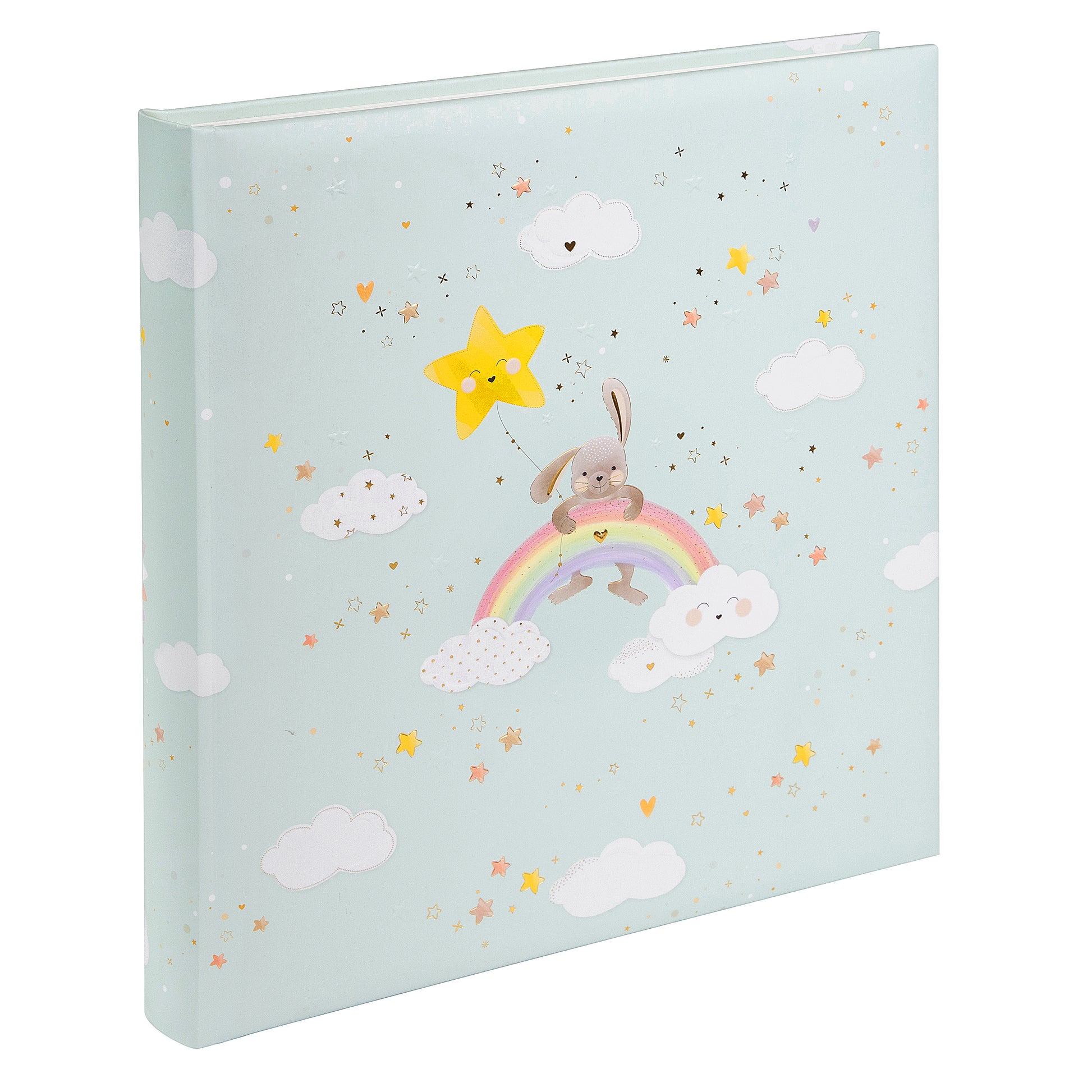 Goldbuch baby photo album showcasing a cheerful bunny and a vibrant rainbow on its cover, perfect for capturing memories.