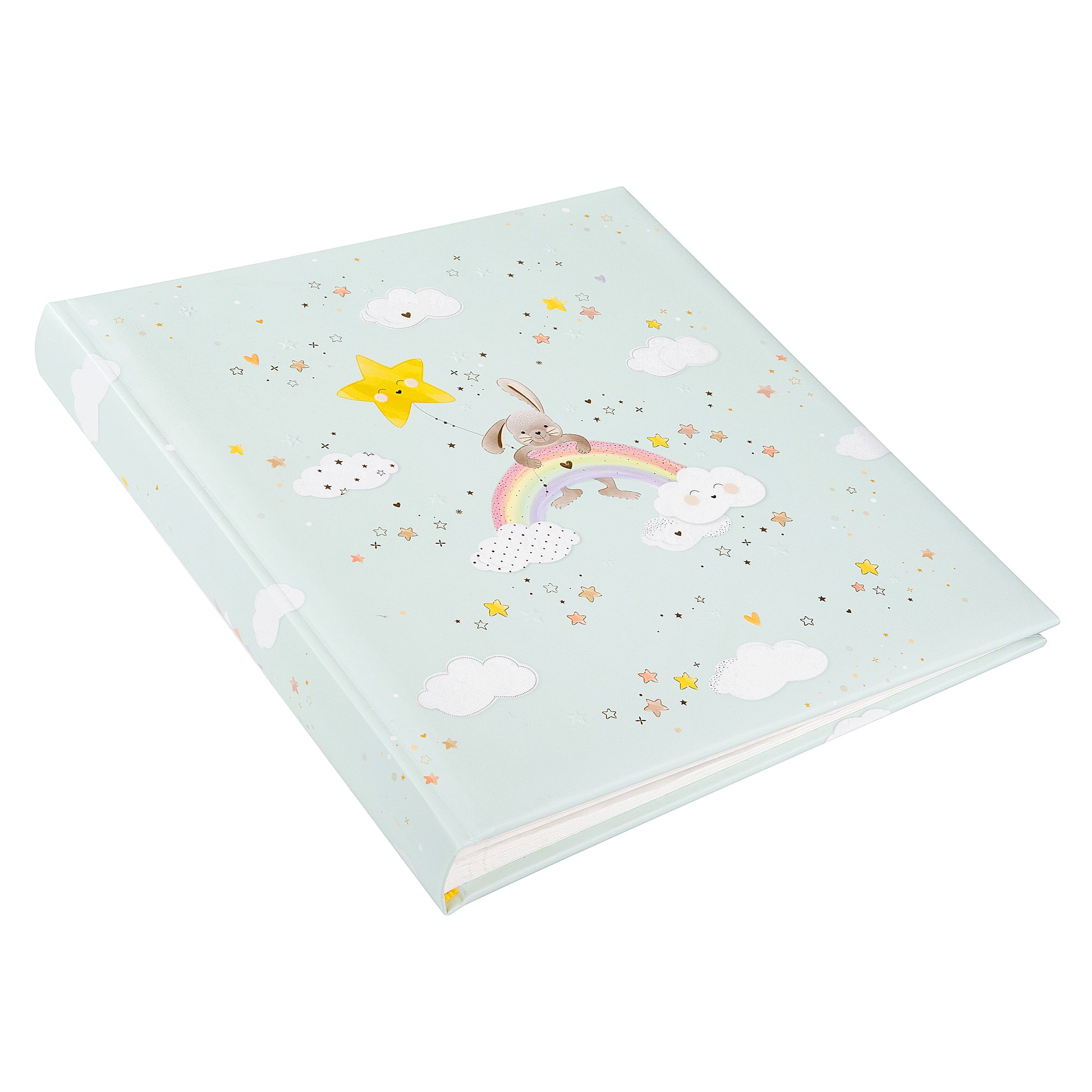 Goldbuch baby photo album showcasing a cheerful bunny and a vibrant rainbow on its cover, perfect for capturing memories.