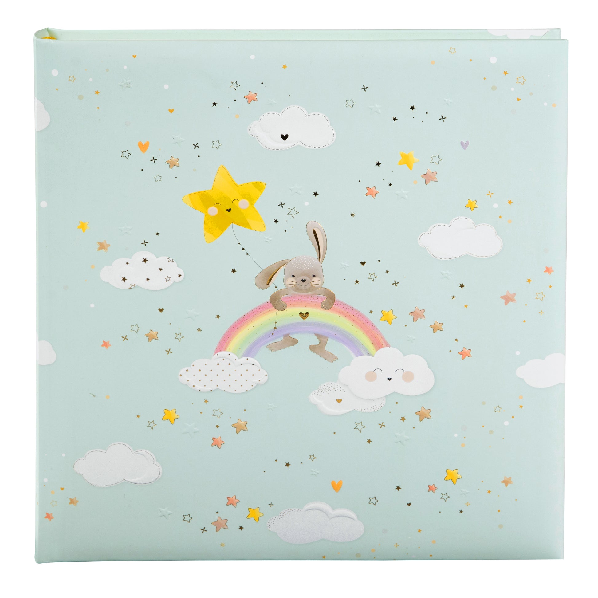 Goldbuch baby photo album showcasing a cheerful bunny and a vibrant rainbow on its cover, perfect for capturing memories.