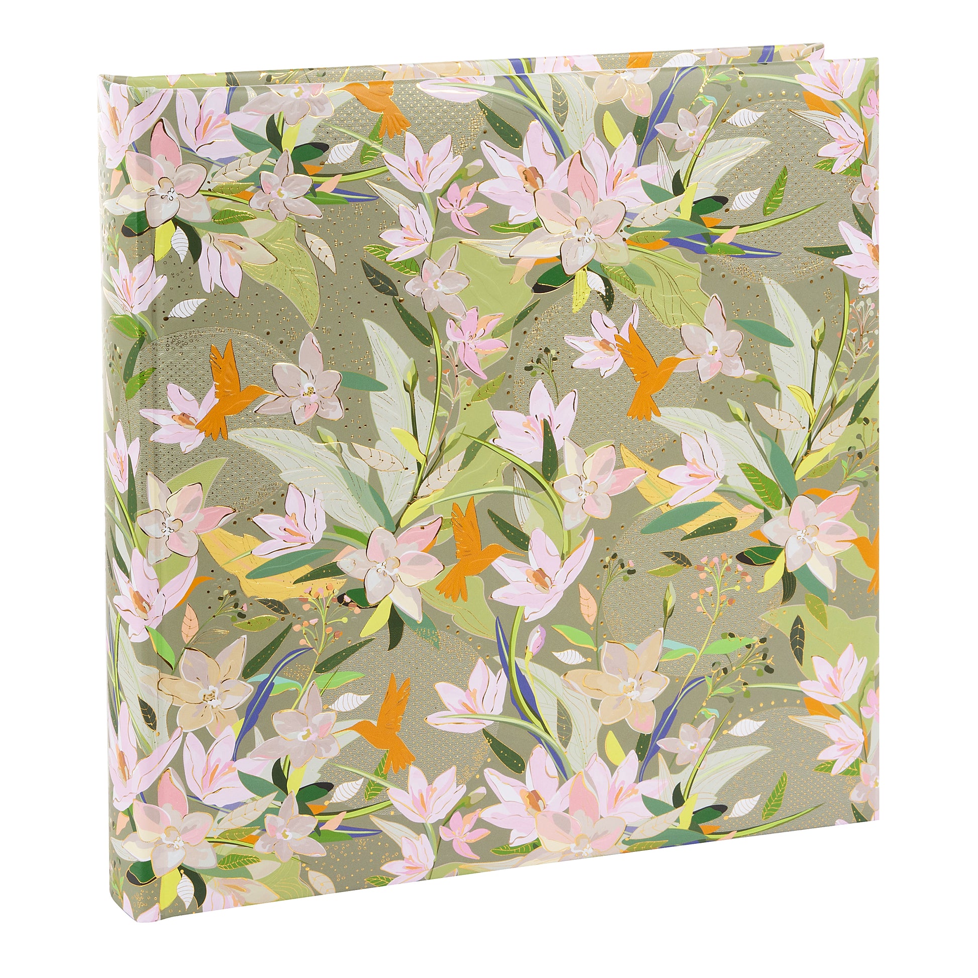 A green Goldbuch photo album with floral patterns and birds