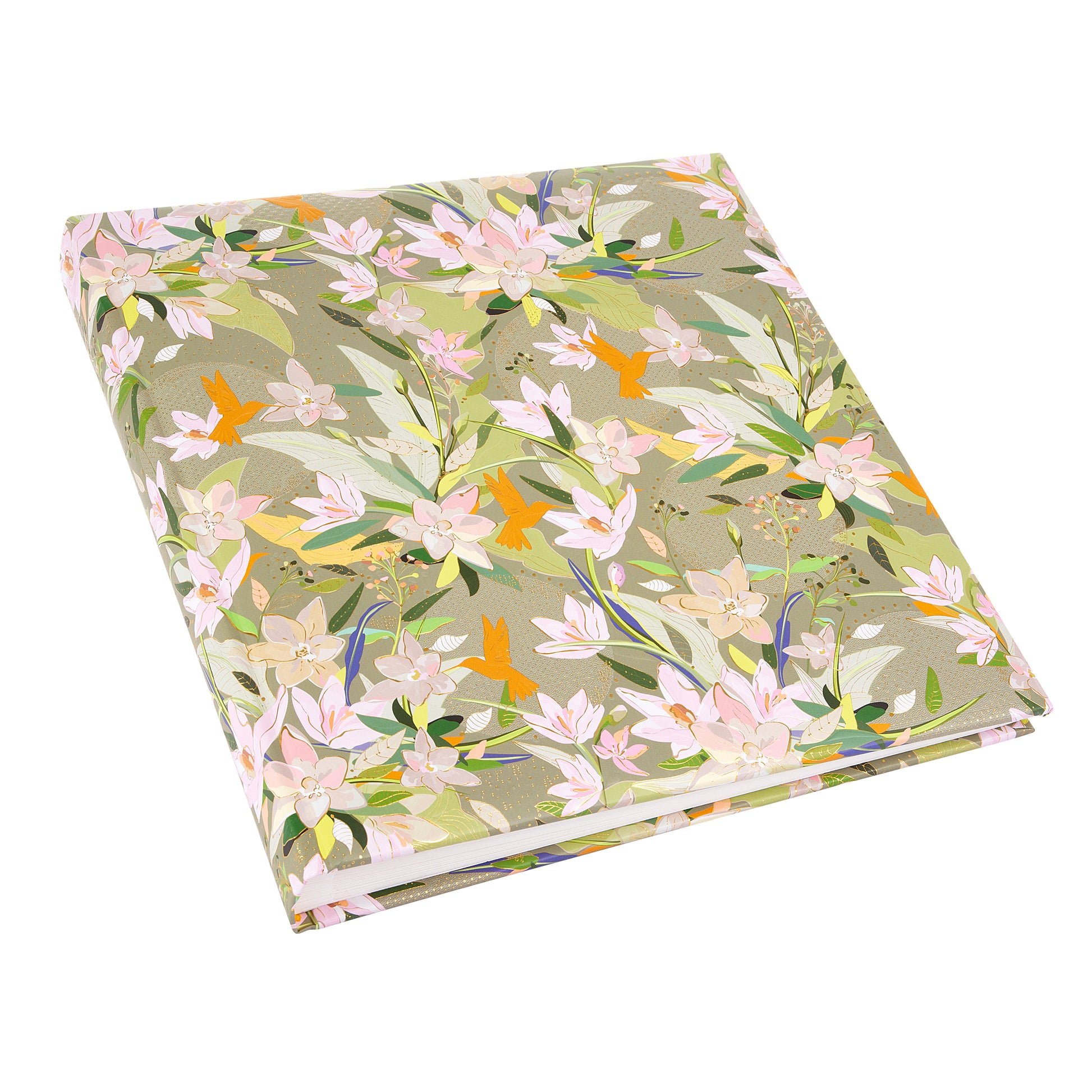 A green Goldbuch photo album with floral patterns and birds