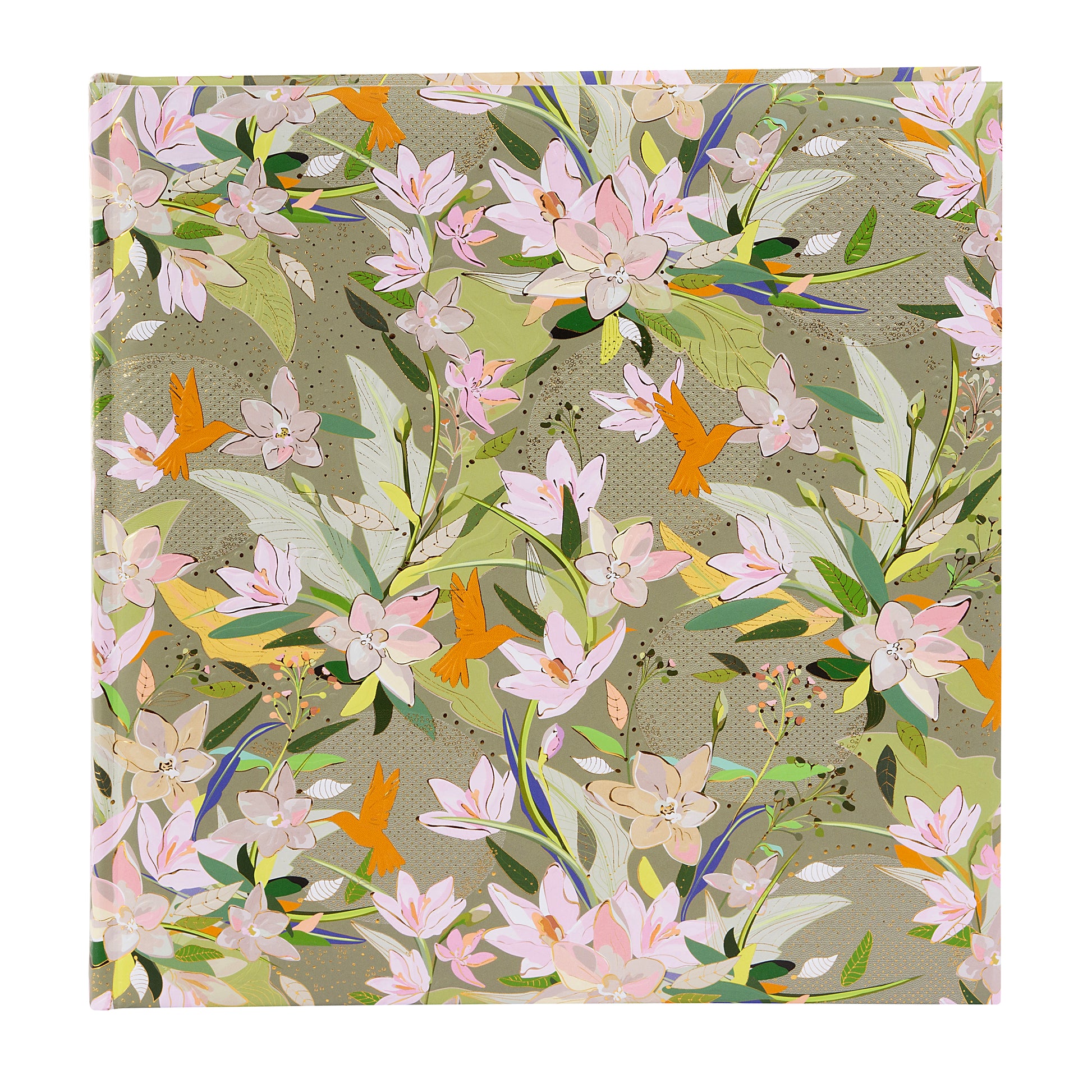 A green Goldbuch photo album with floral patterns and birds
