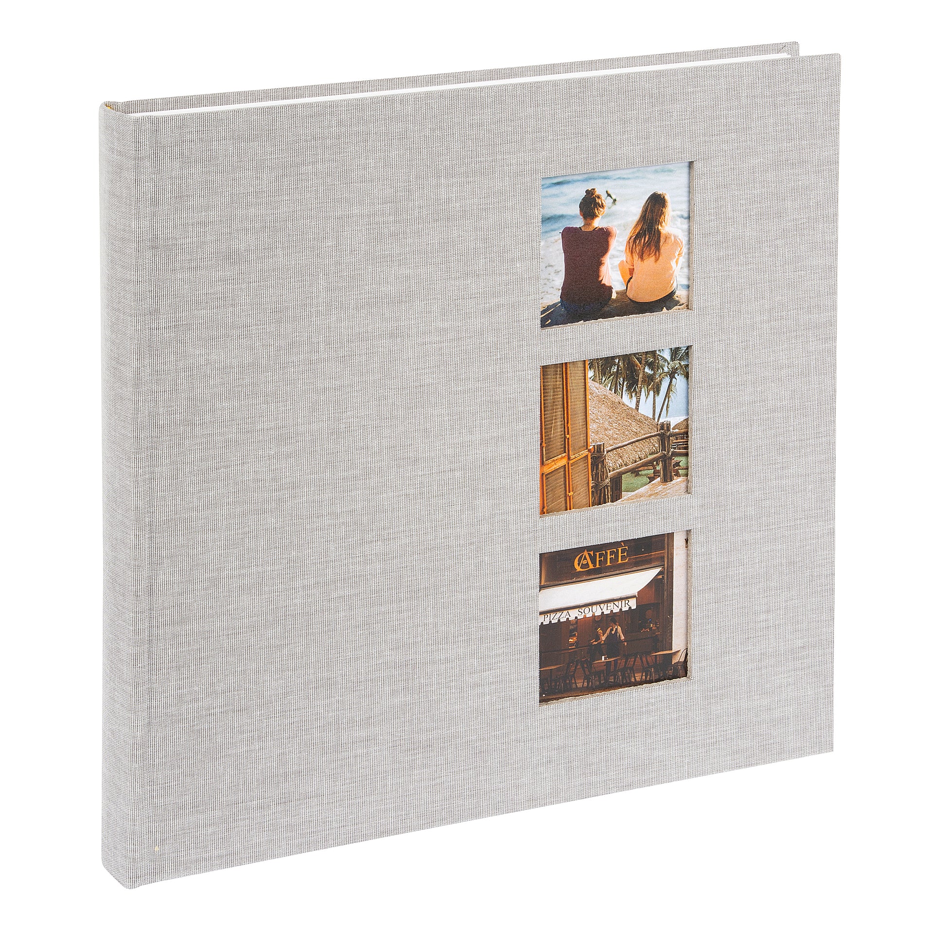 A grey Goldbuch photo album with three photographs showcased on its surface.