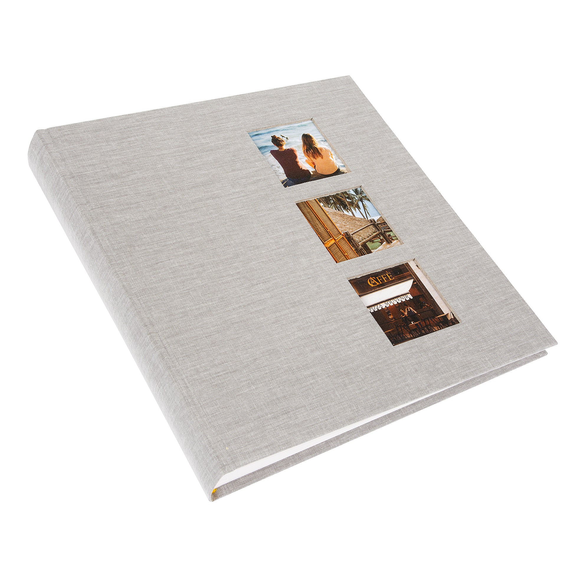 A grey Goldbuch photo album with three photographs showcased on its surface.