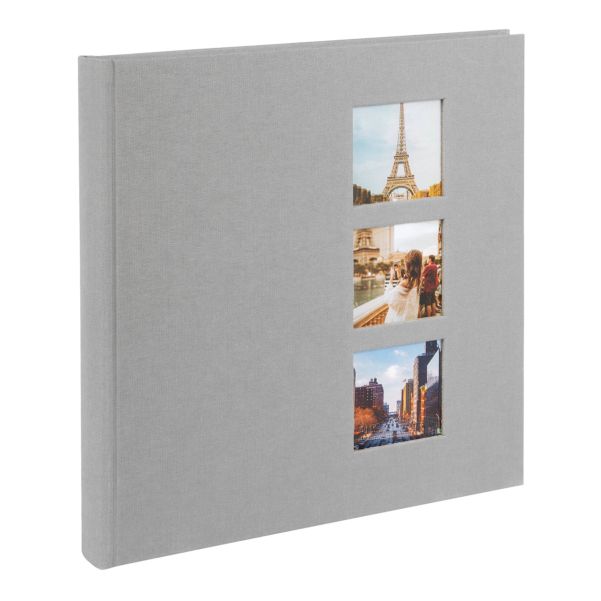 Grey Goldbuch photo album with cut-out sections displaying images of the Eiffel Tower and other scenes.