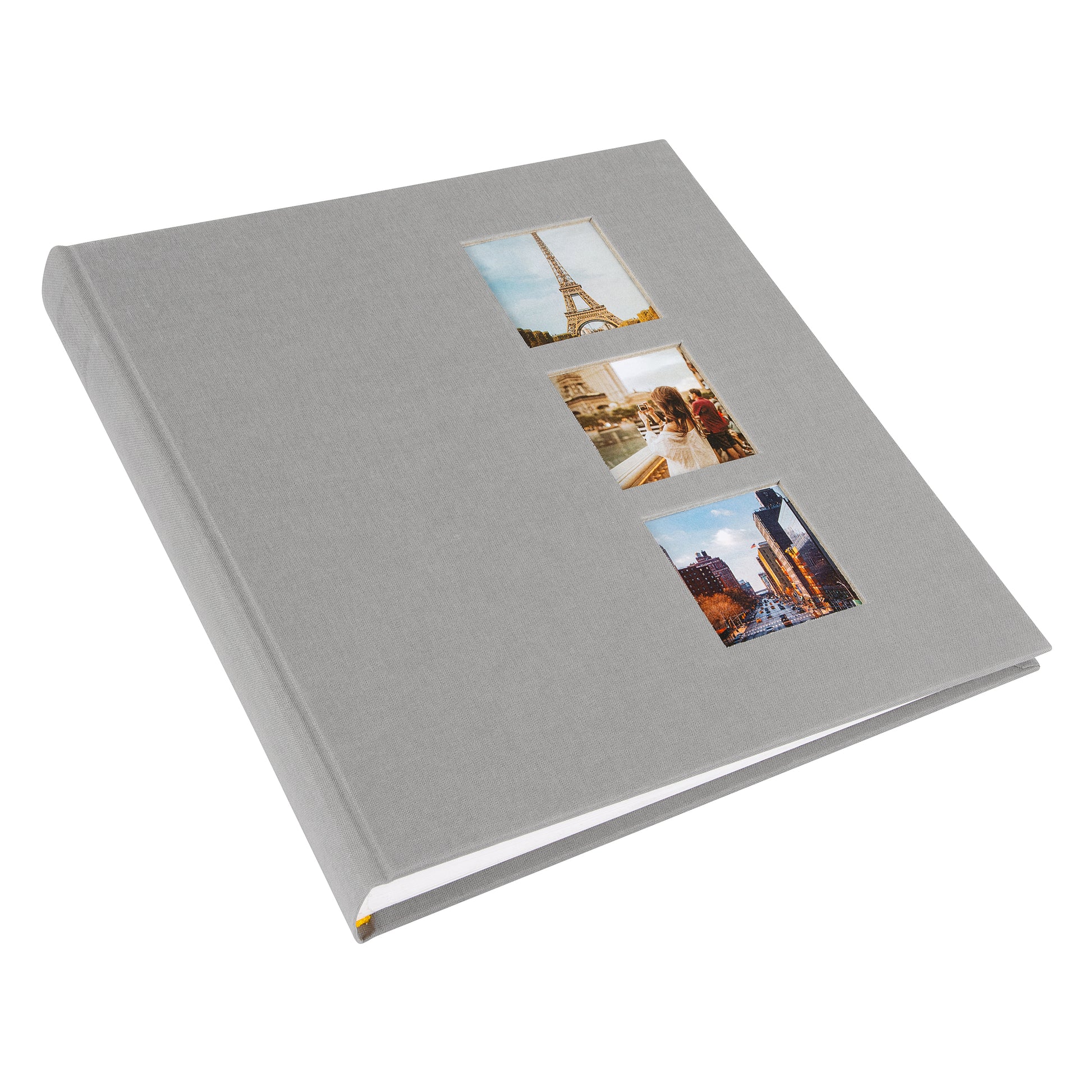 Grey Goldbuch photo album with cut-out sections displaying images of the Eiffel Tower and other scenes.