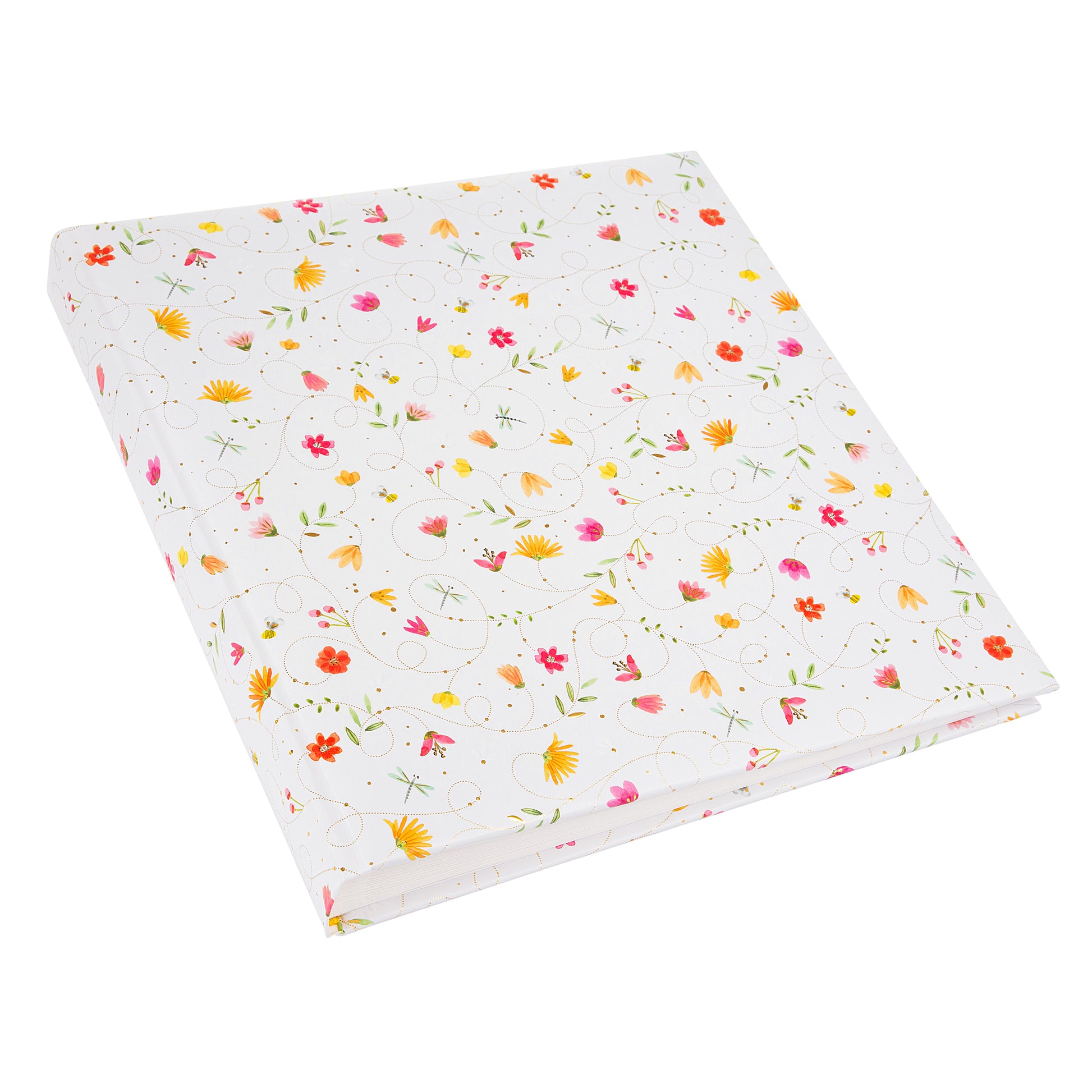 A white Goldbuch photo album adorned with colorful flowers and butterflies on the cover.
