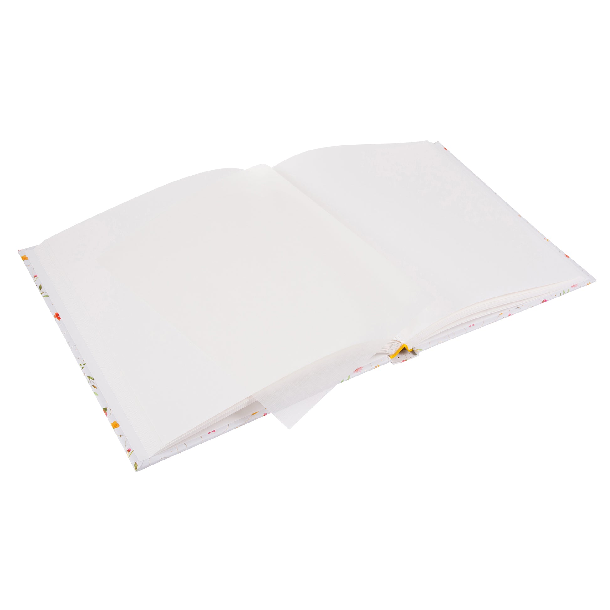 A white Goldbuch photo album adorned with colorful flowers and butterflies on the cover.