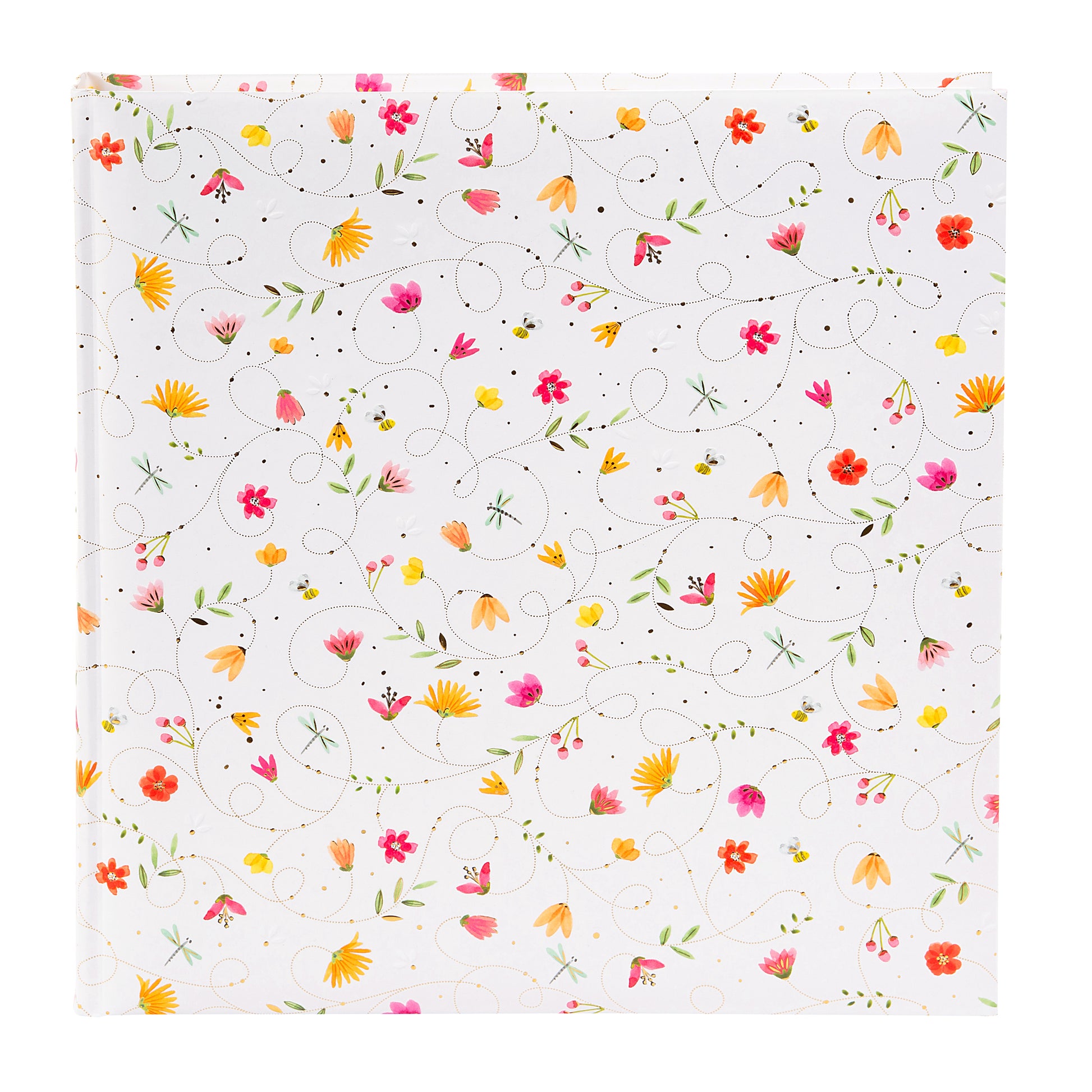 A white Goldbuch photo album adorned with colorful flowers and butterflies on the cover.