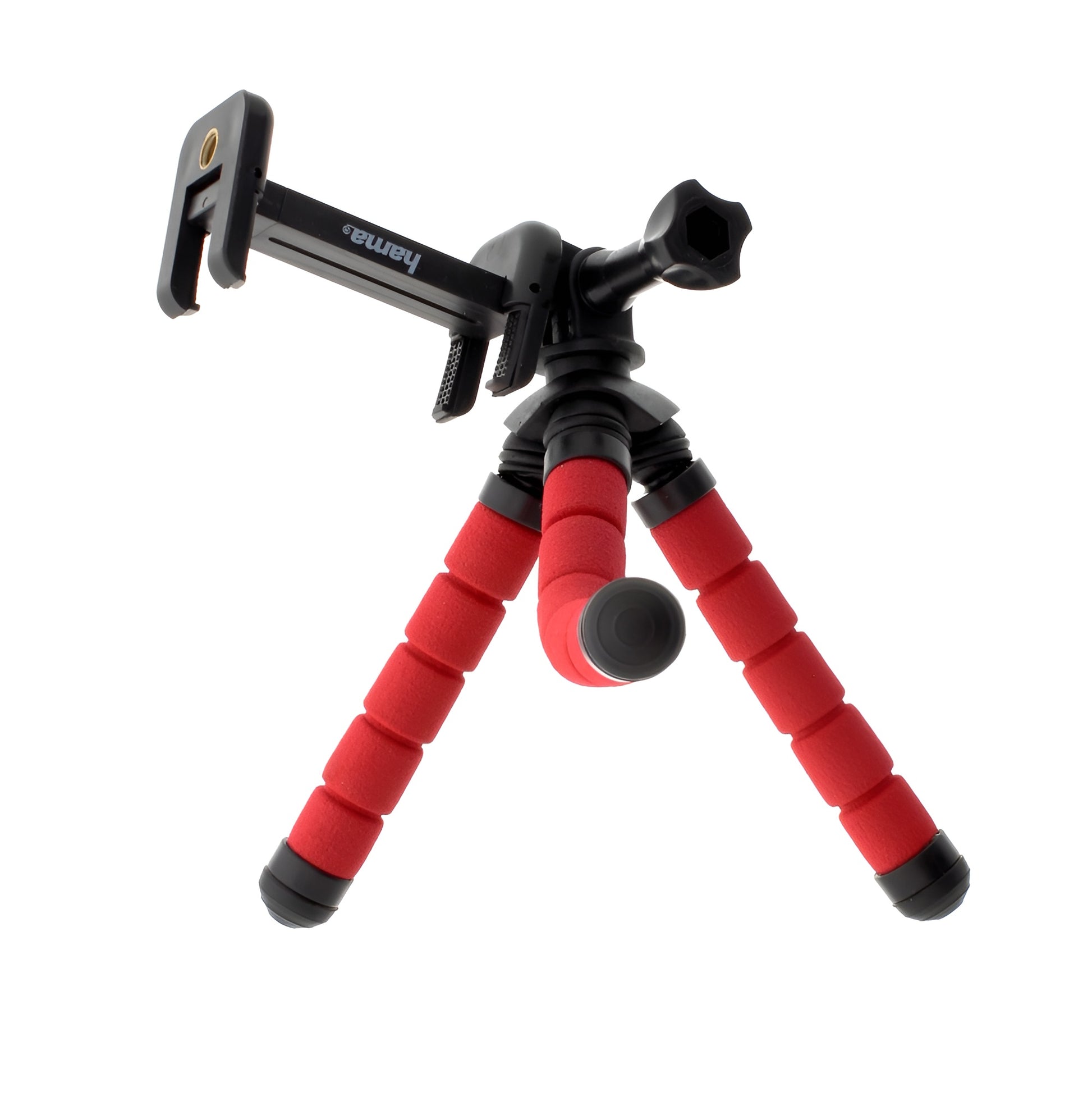 A Hama tripod supporting a camera, gopro, positioned for photography, showcasing stability and professional equipment.