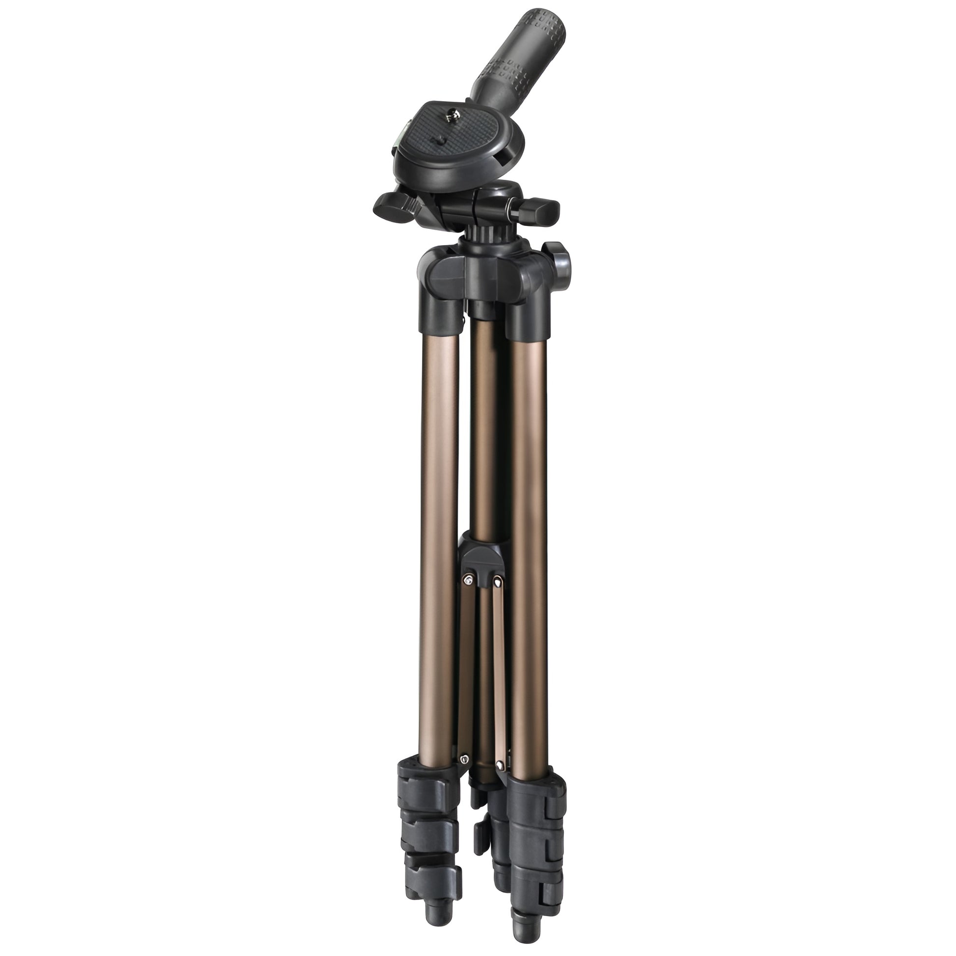 A Hama tripod supporting a camera, positioned for photography, showcasing stability and professional equipment.