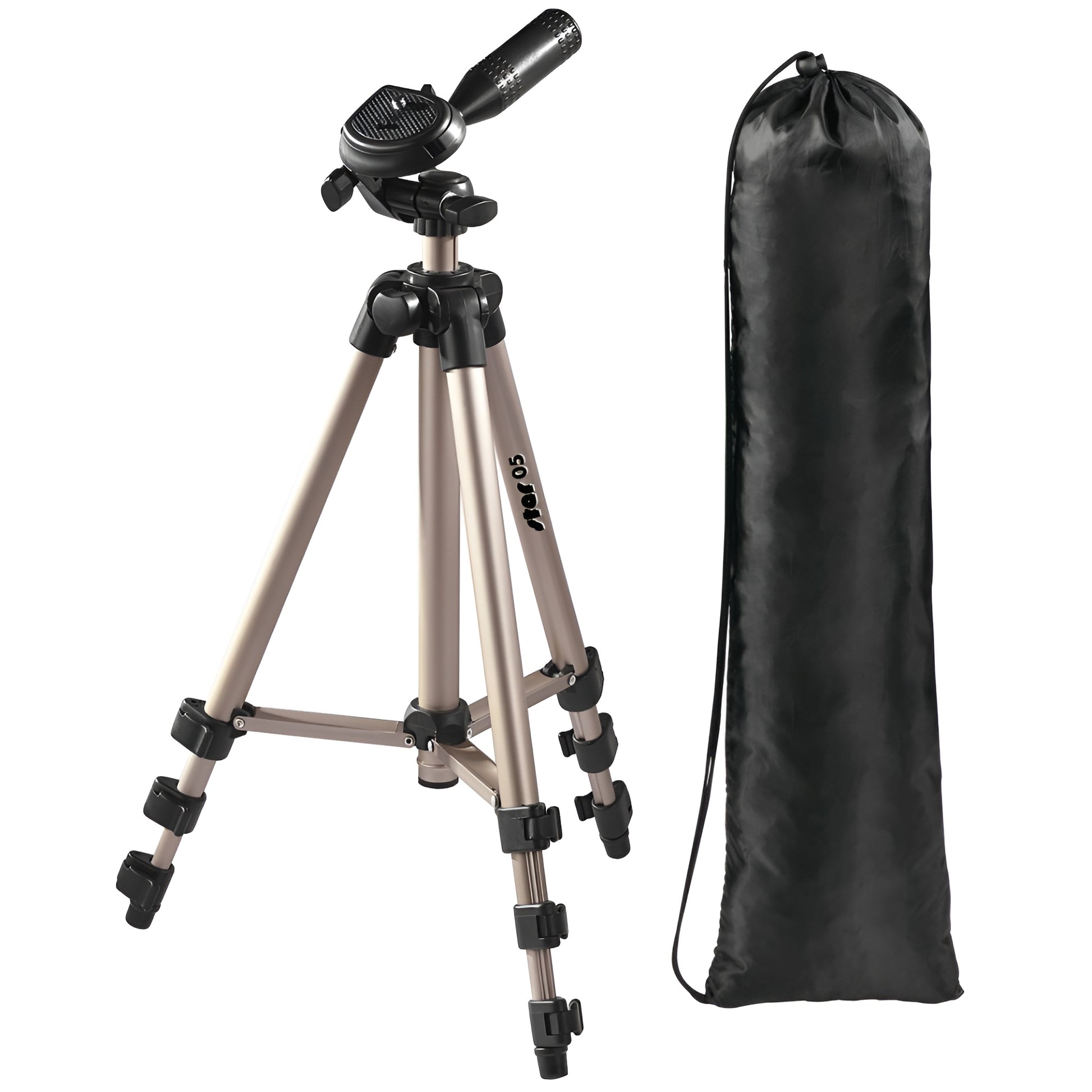 A Hama tripod supporting a camera, positioned for photography, showcasing stability and professional equipment.
