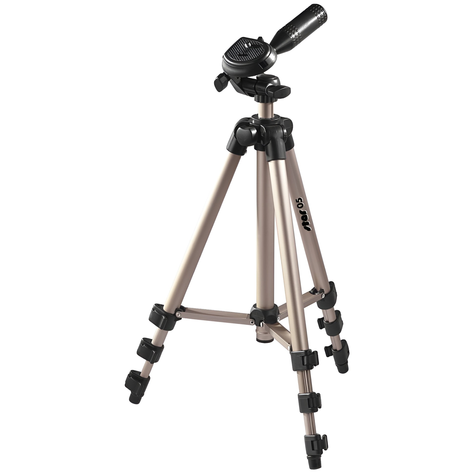 A Hama tripod supporting a camera, positioned for photography, showcasing stability and professional equipment.