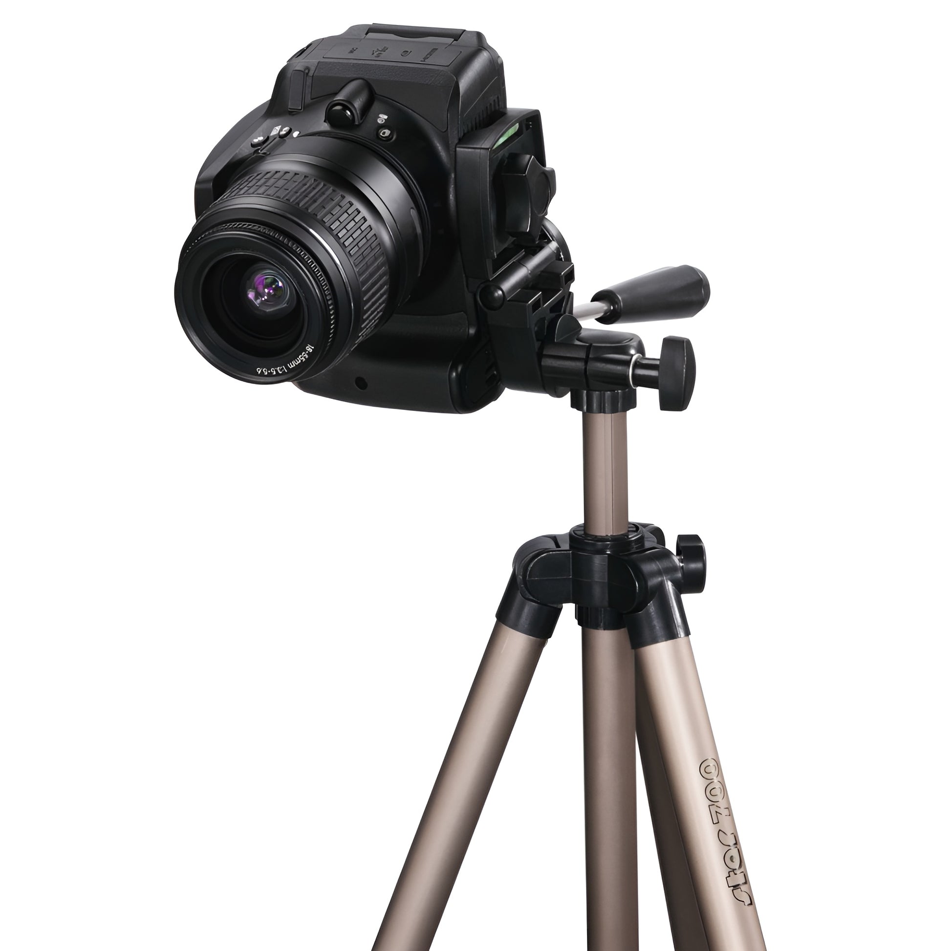 A Hama tripod supporting a camera, positioned for photography, showcasing stability and professional equipment.