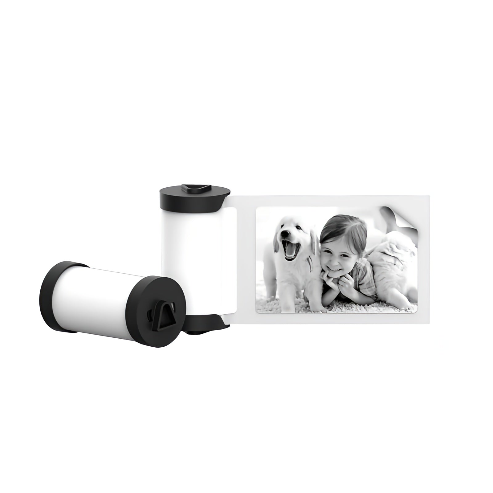 Kodak Cartridge Rolls for a Kodak Memo Shot Era instant camera in a yellow black box, displaying a black and white photograph on its surface.