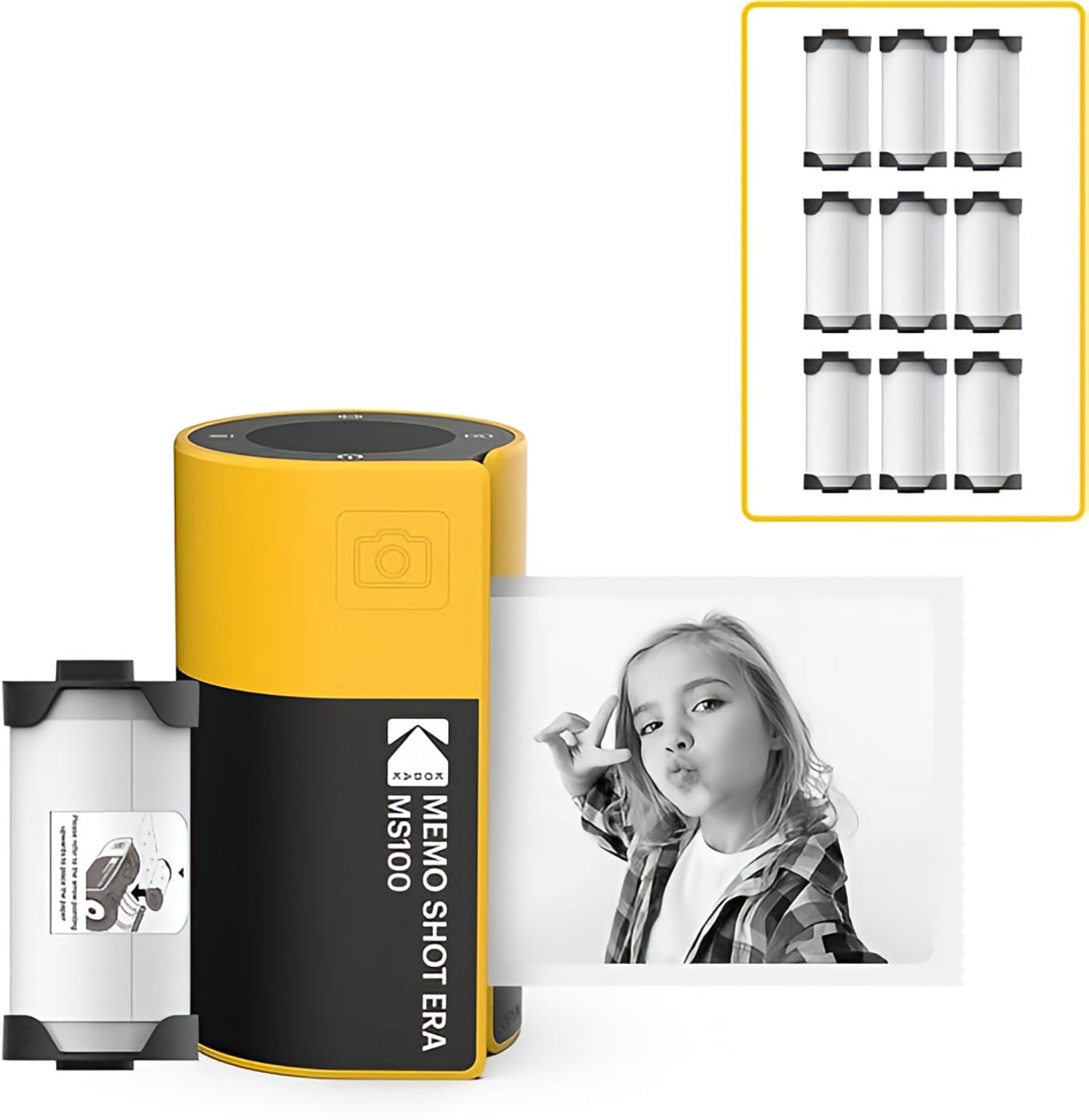 Kodak Cartridge Rolls for a Kodak Memo Shot Era instant camera in a yellow black box, displaying a black and white photograph on its surface.
