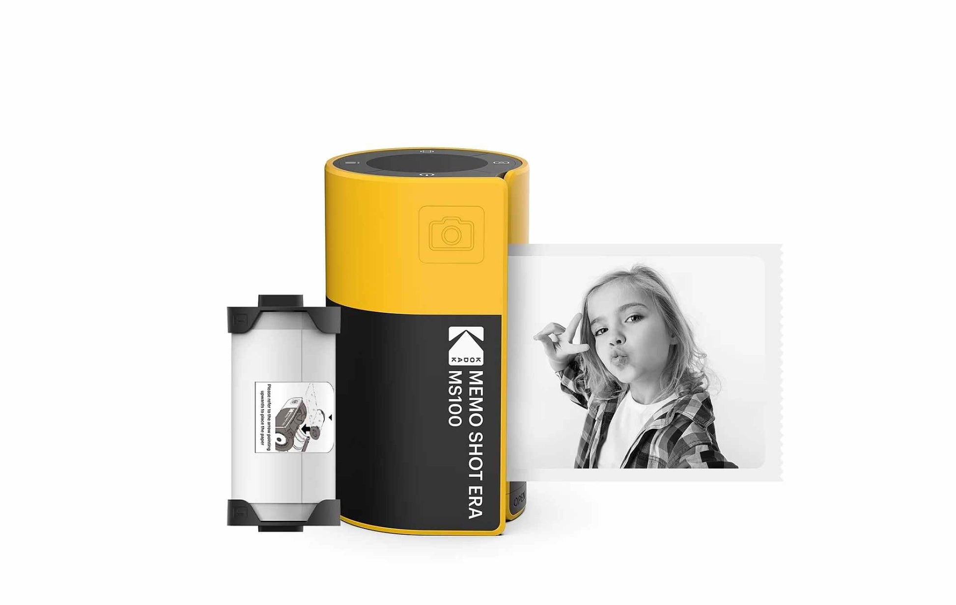 Kodak Memo Shot Era instant camera in a yellow black box, displaying a black and white photograph on its surface.