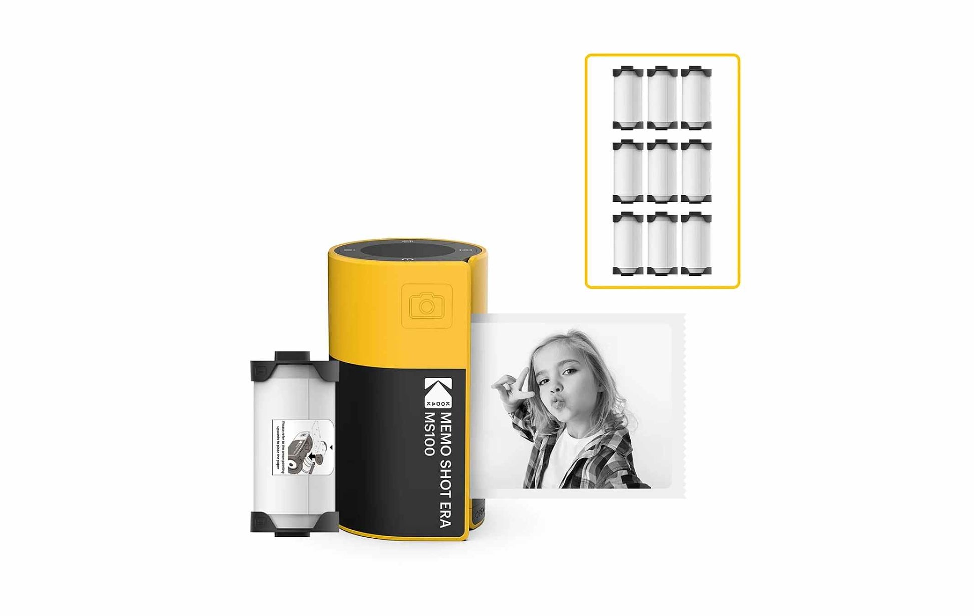 Kodak Memo Shot Era instant camera in a yellow black box, displaying a black and white photograph on its surface.
