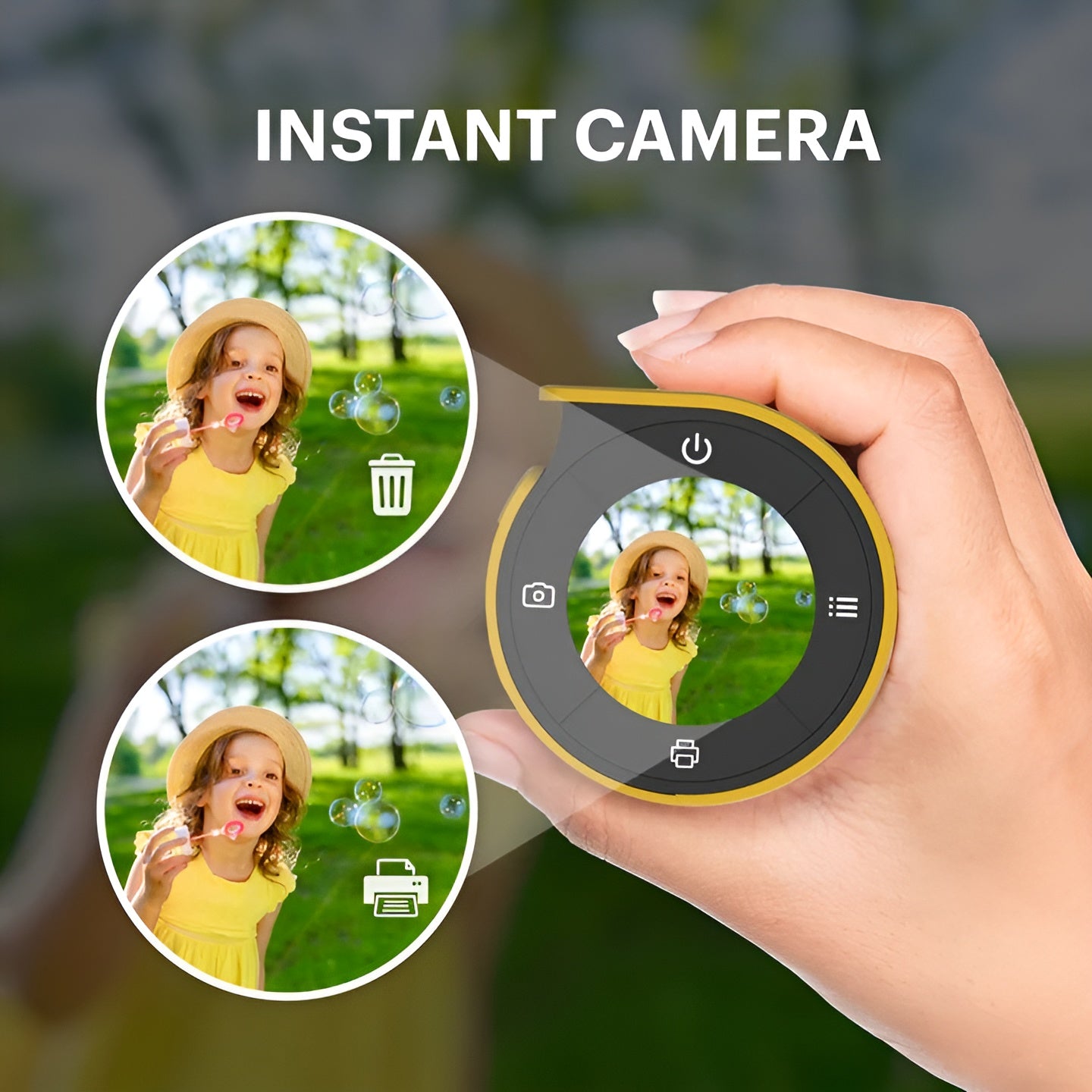 Kodak Memo Shot Era instant camera in a yellow black box, displaying a black and white photograph on its surface.