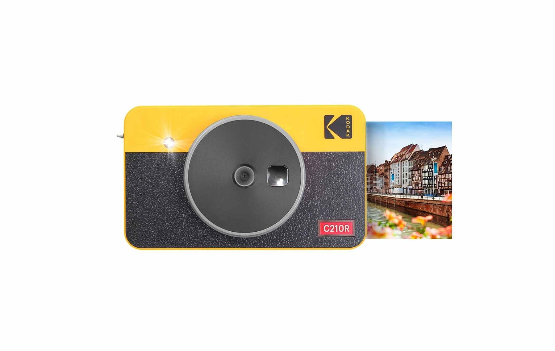 A yellow and black Kodak instant camera displaying a photo during the printing procedure.