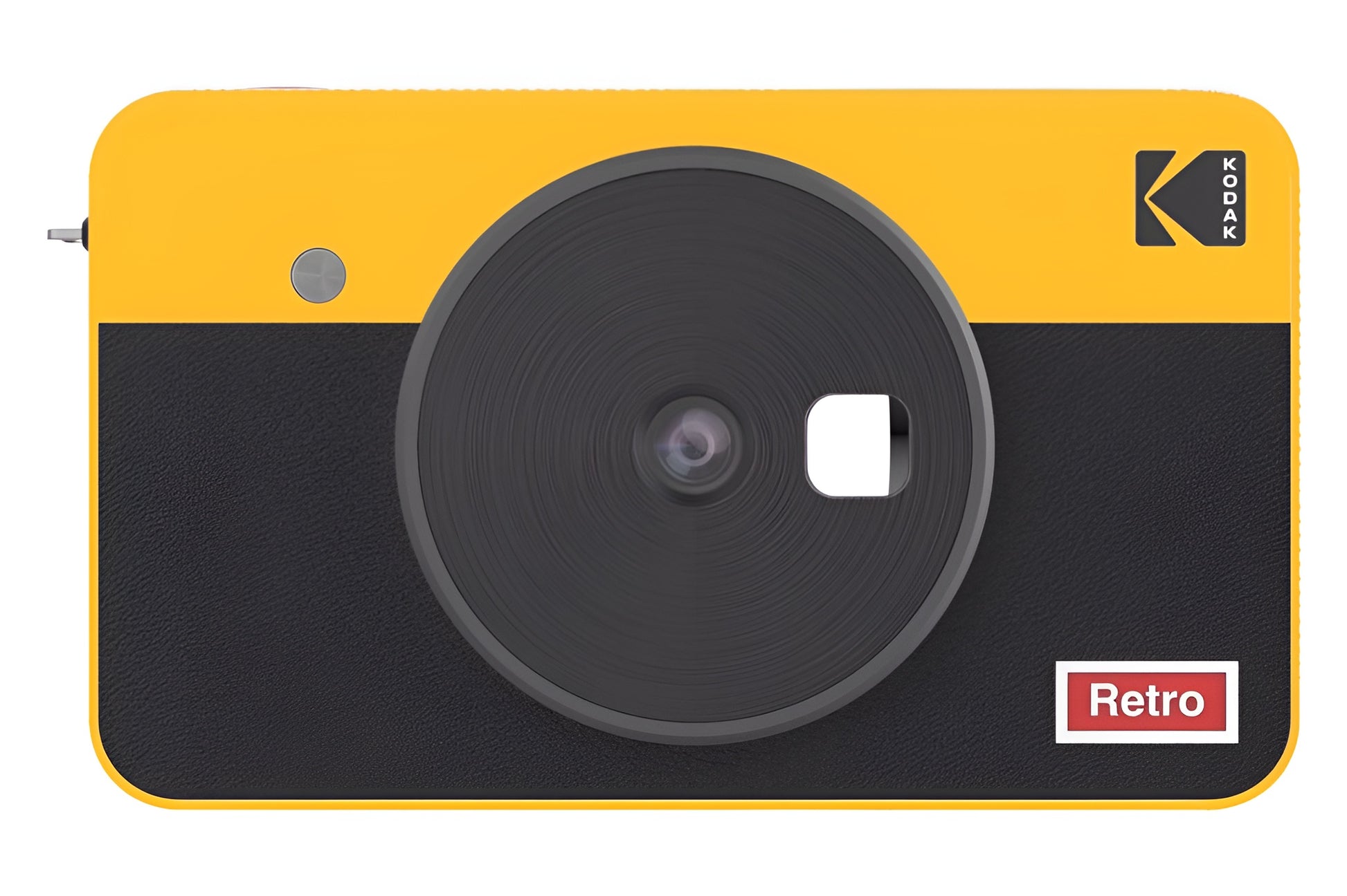 A yellow and black Kodak instant camera displaying a photo during the printing procedure.