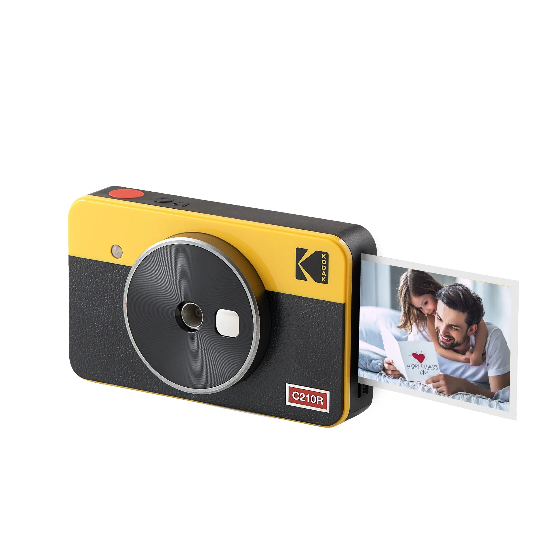 A yellow and black Kodak instant camera displaying a photo during the printing procedure.