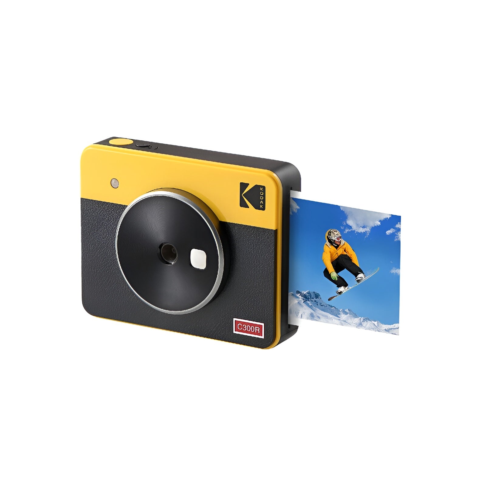 A yellow and black Kodak instant camera displaying a photo during the printing procedure.