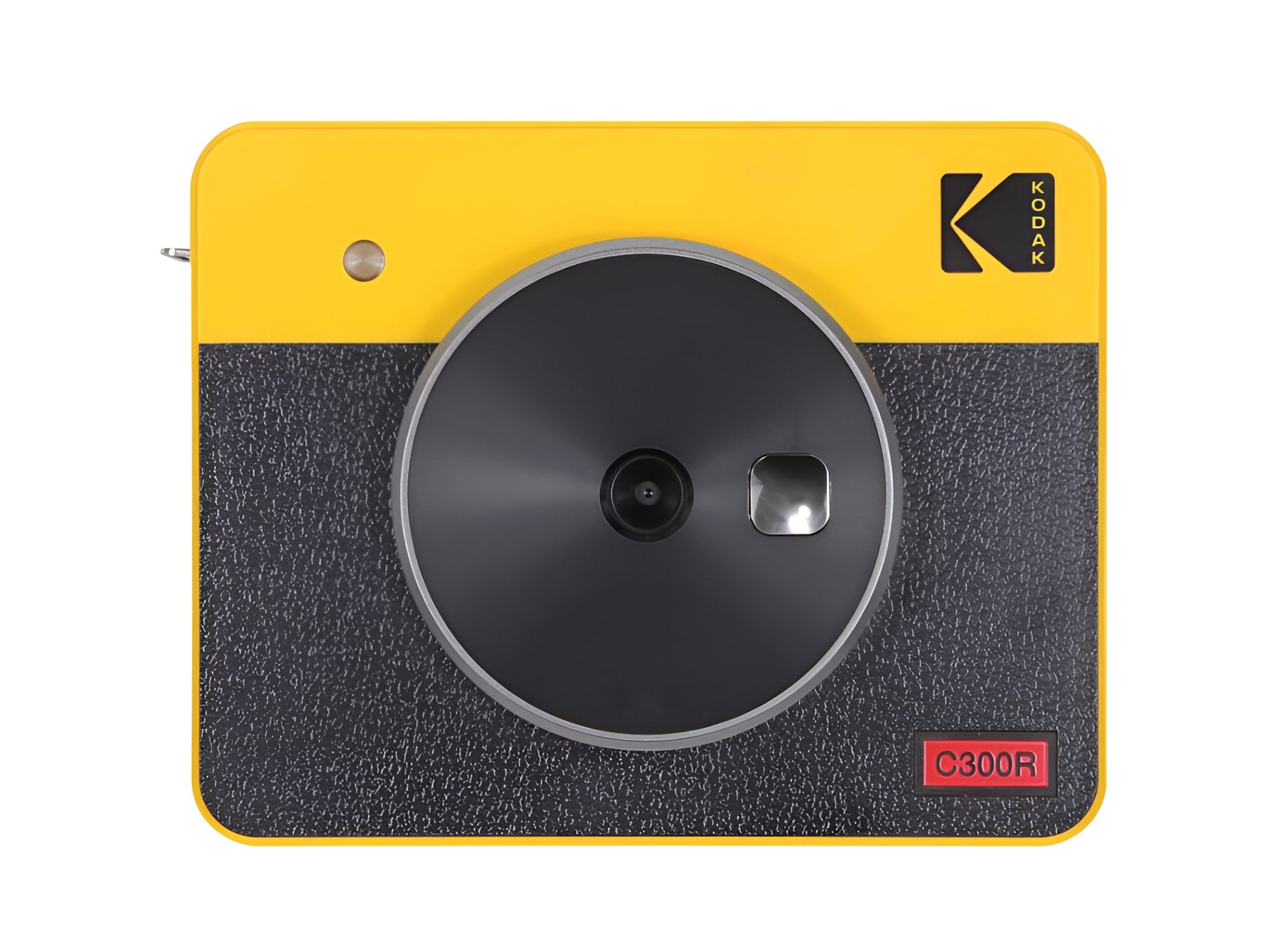 A yellow and black Kodak instant camera displaying a photo during the printing procedure.