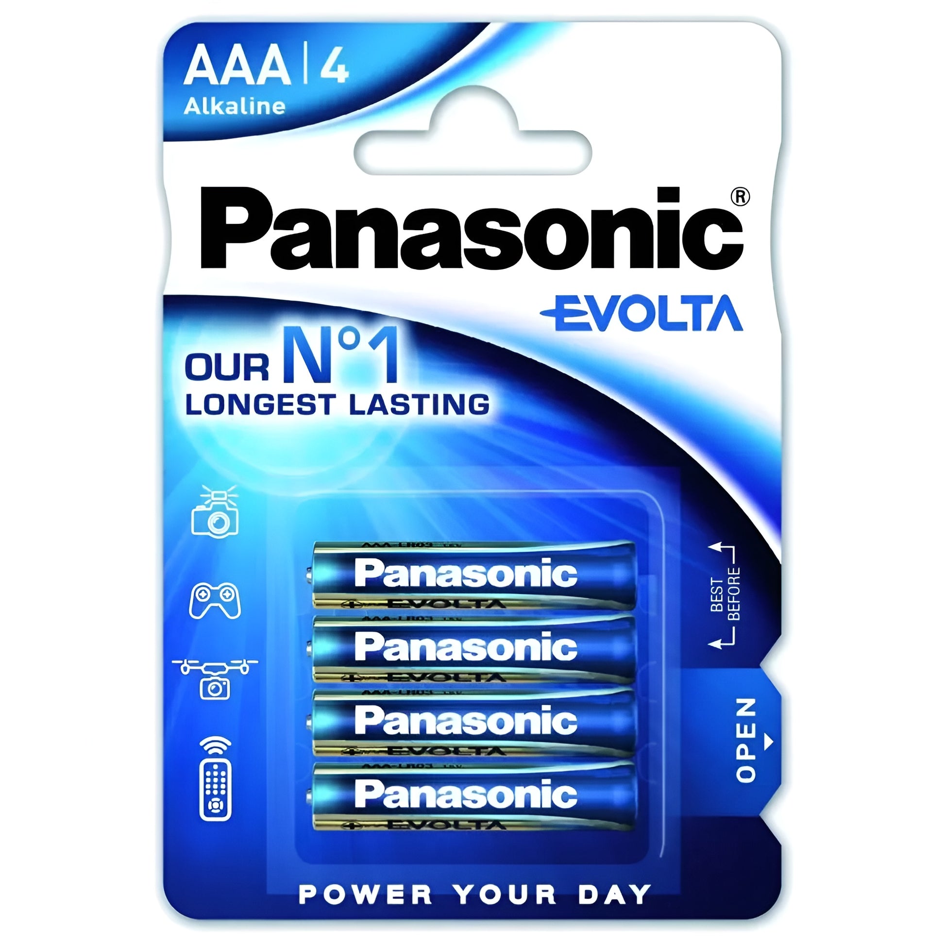 A 4-pack of Panasonic AAA Evolta batteries, ideal for powering electronics and household devices.